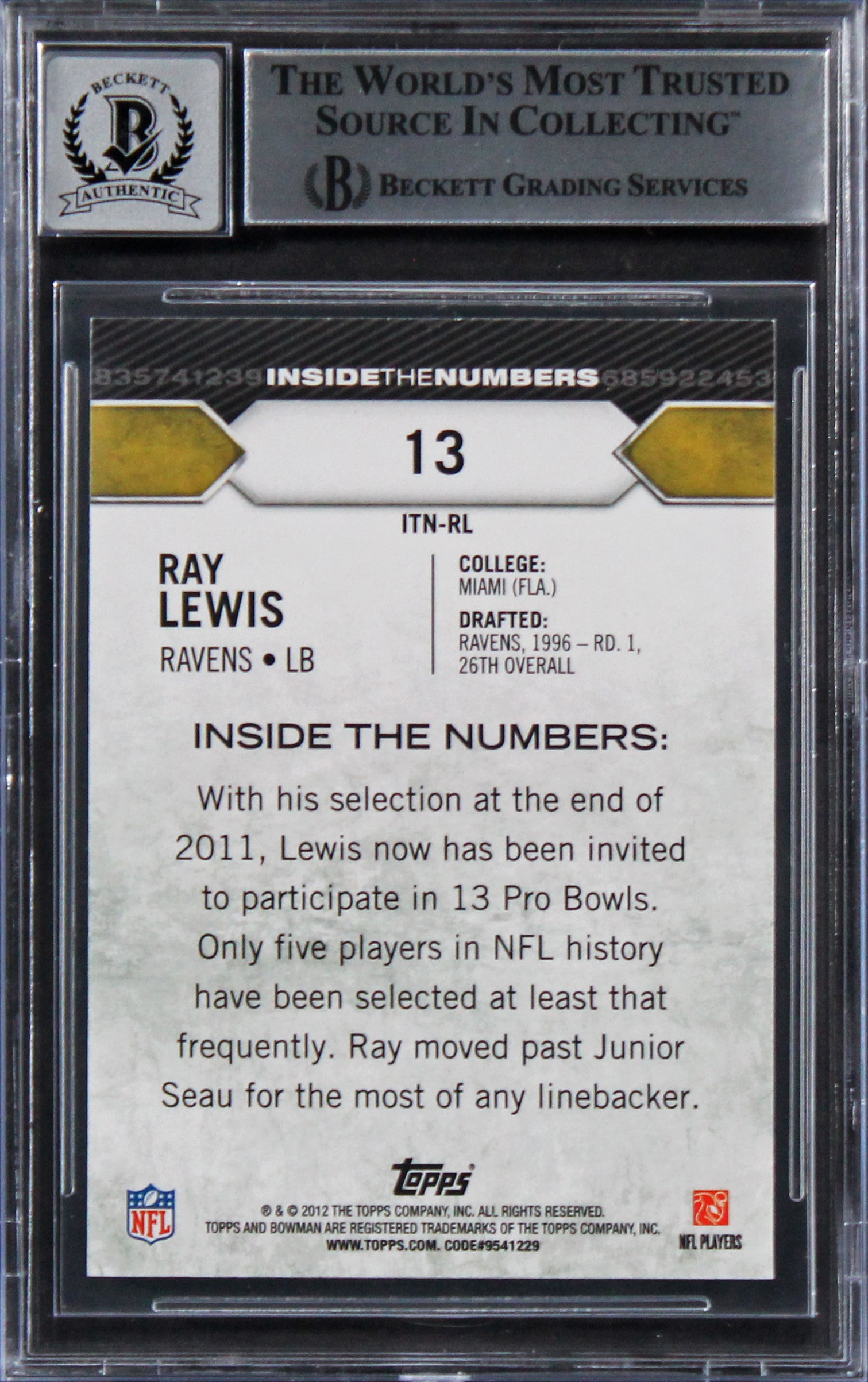 Ravens Ray Lewis Authentic Signed 2012 Bowman ITN #TNRL Card Auto 10! BAS Slab