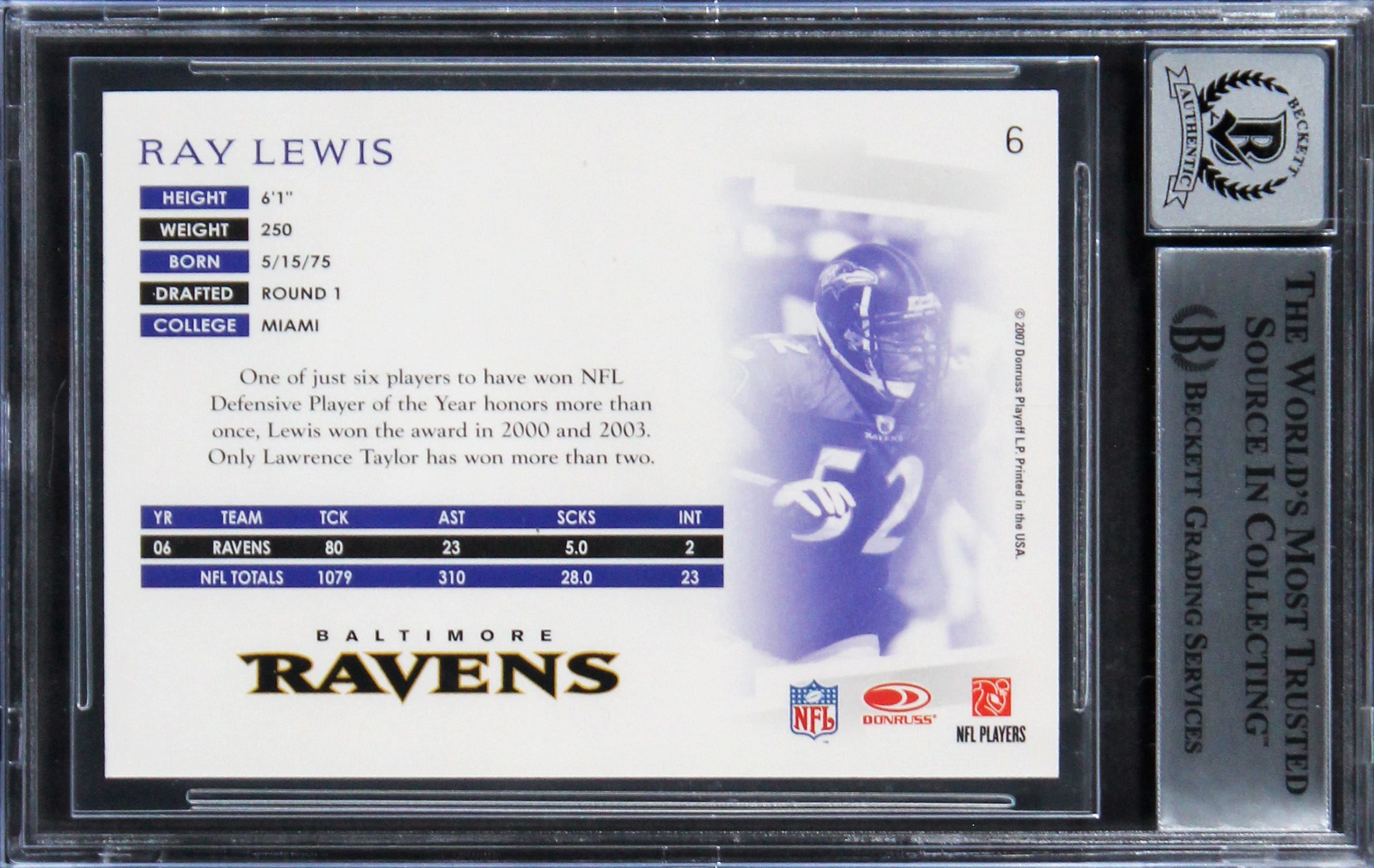 Ravens Ray Lewis Signed 2007 Donruss Threads #6 Card Auto 10! BAS Slabbed