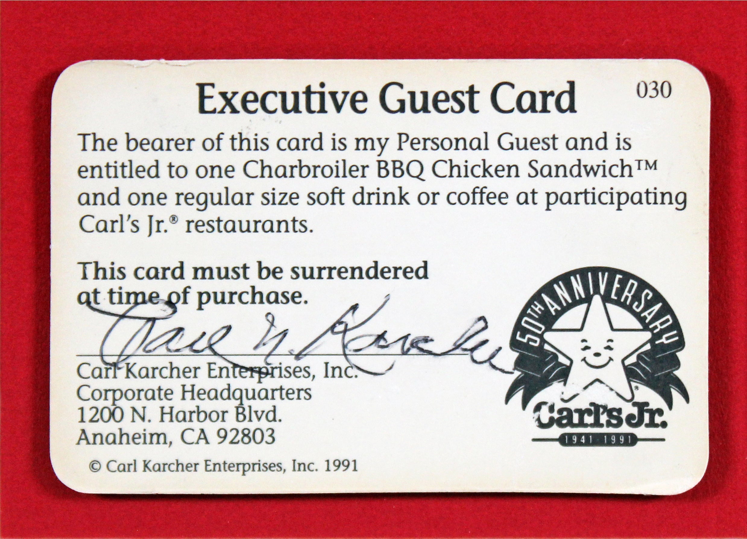 Carl Karcher Carl's Jr. Signed & Framed Executive Guest Card Card BAS #AE09337
