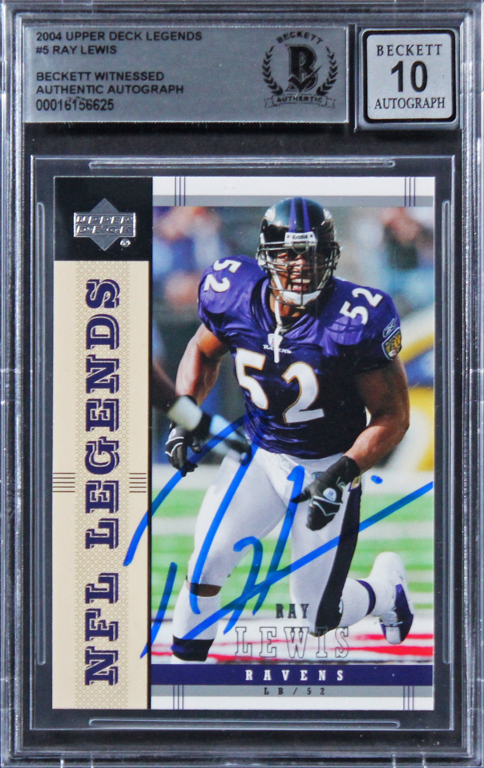 Ravens Ray Lewis Signed 2005 Upper Deck Legends #5 Card Auto 10! BAS Slabbed