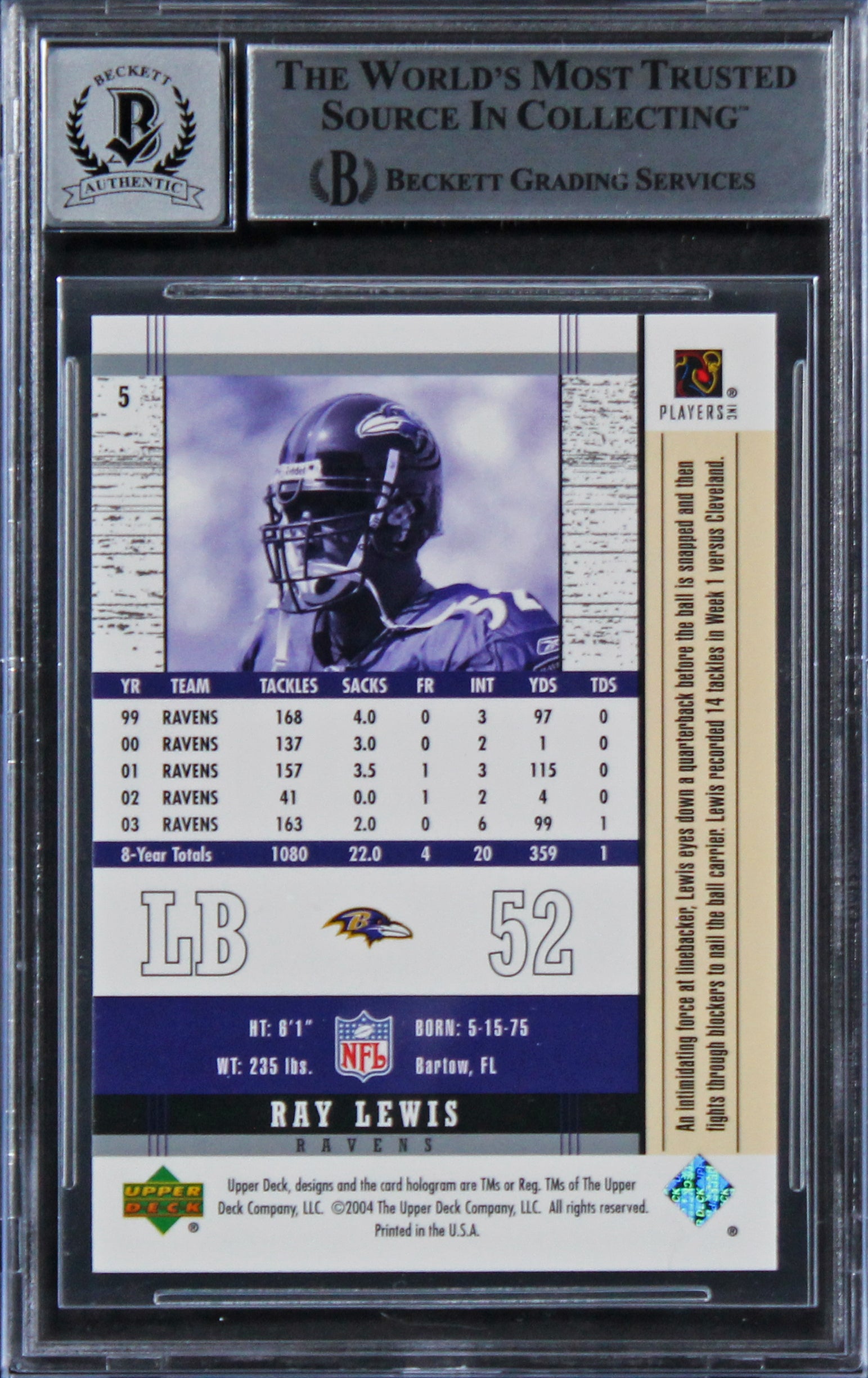 Ravens Ray Lewis Signed 2005 Upper Deck Legends #5 Card Auto 10! BAS Slabbed