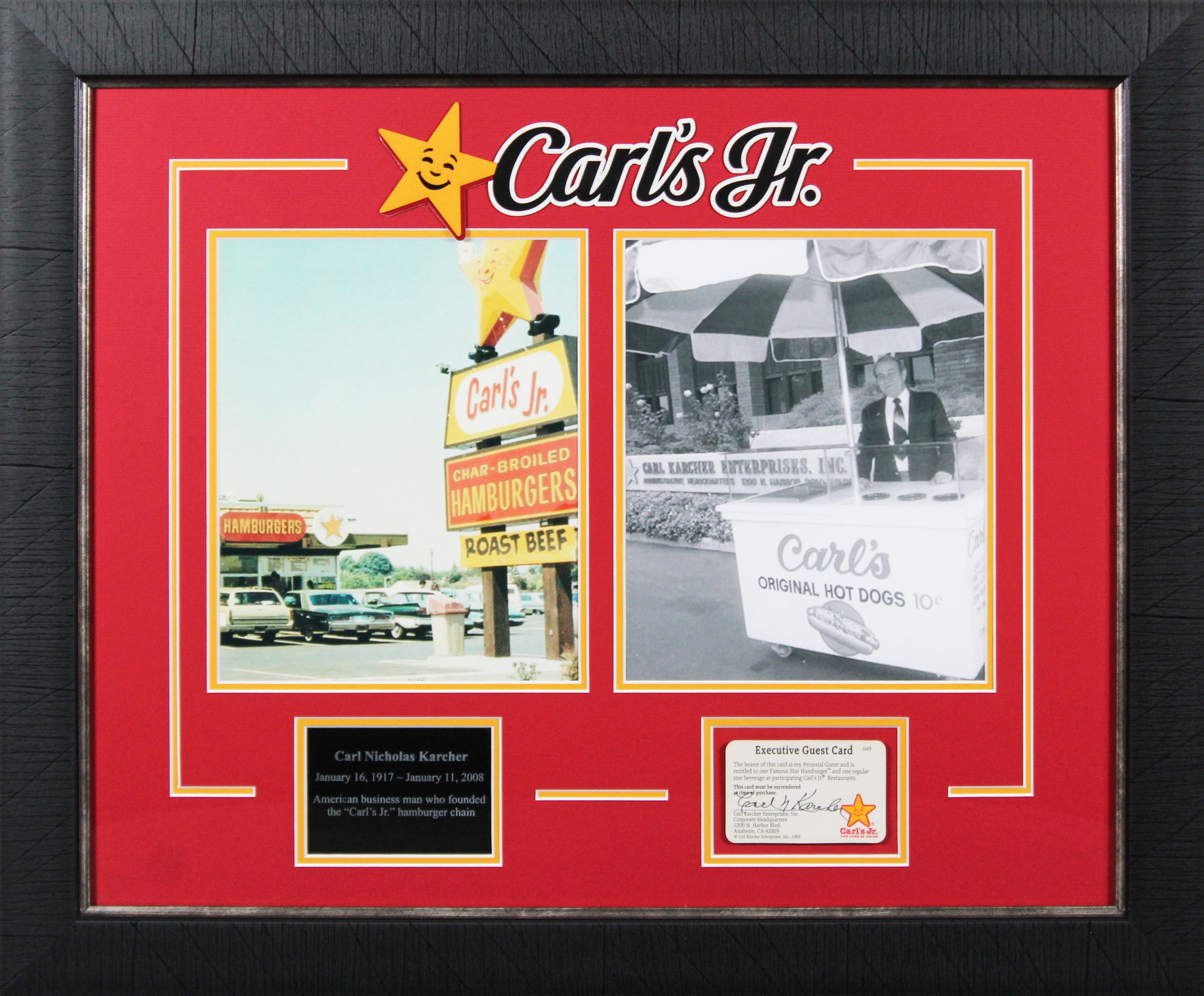 Carl Karcher Carl's Jr. Signed & Framed Executive Guest Card Card BAS #AE09338