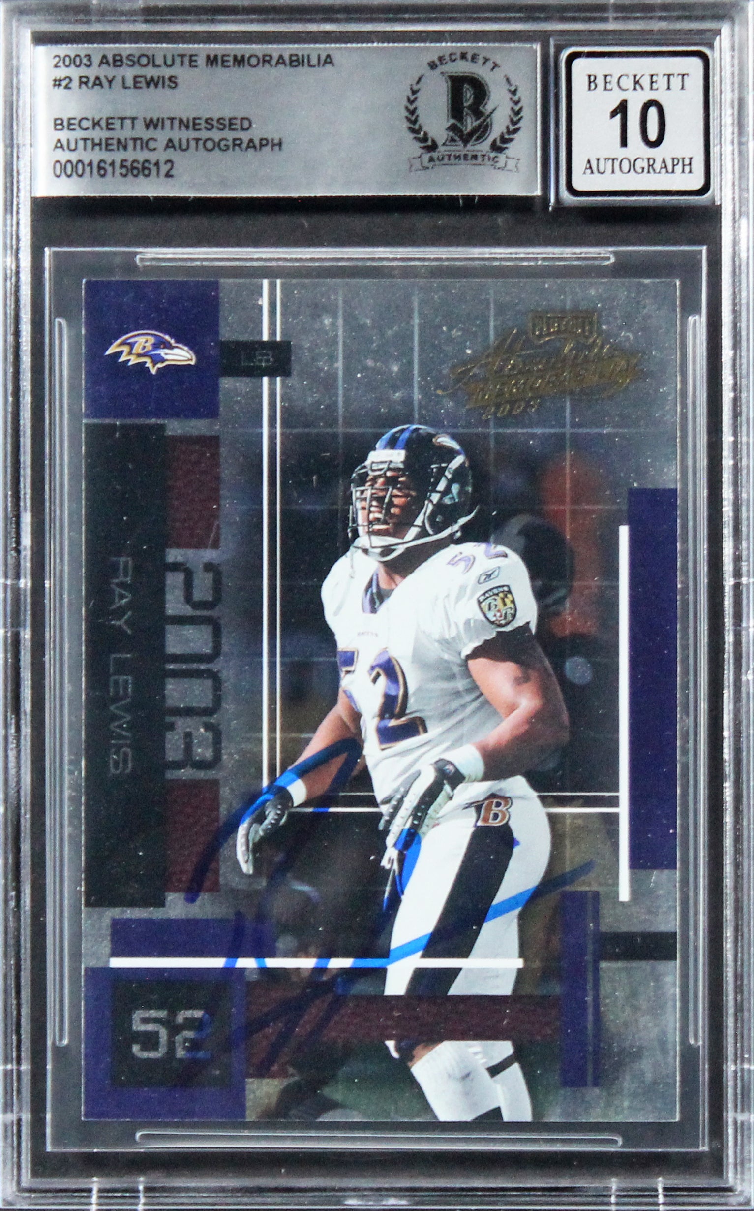 Ravens Ray Lewis Signed 2003 Absolute Memorabilia #2 Card Auto 10! BAS Slabbed