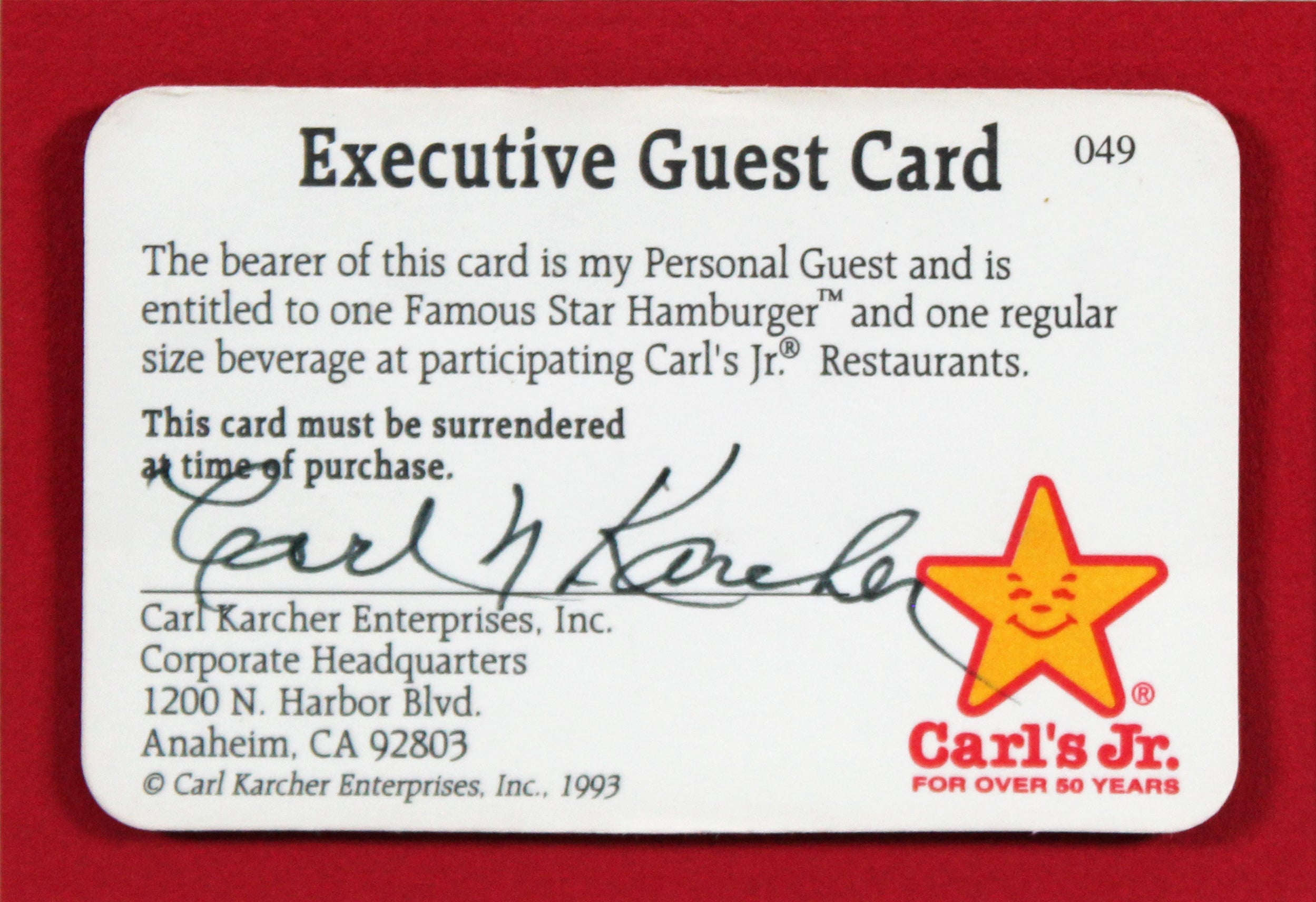 Carl Karcher Carl's Jr. Signed & Framed Executive Guest Card Card BAS #AE09338