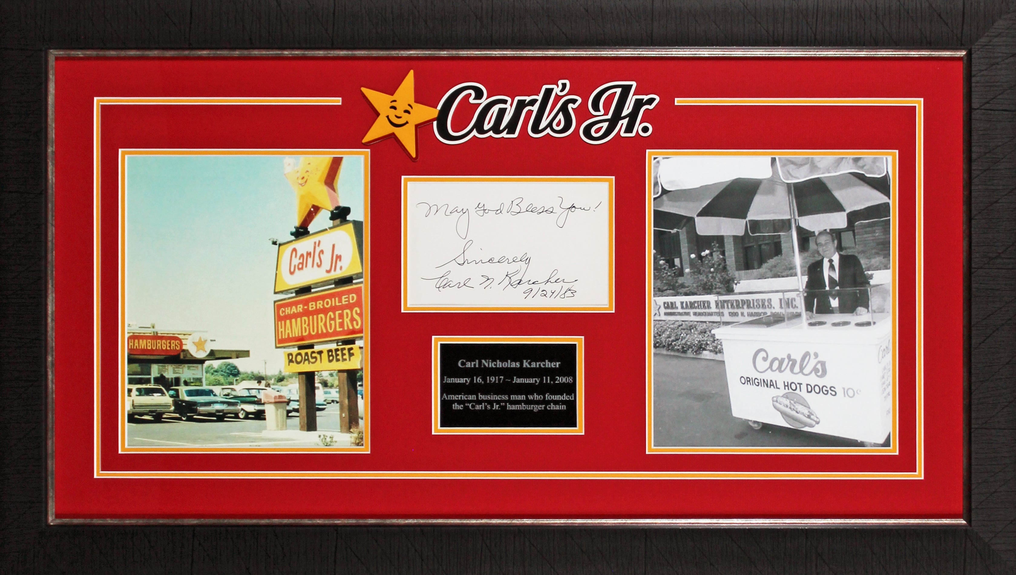 Carl Karcher Carl's Jr. Authentic Signed 4x6.25 Cut Signature BAS #AE09336