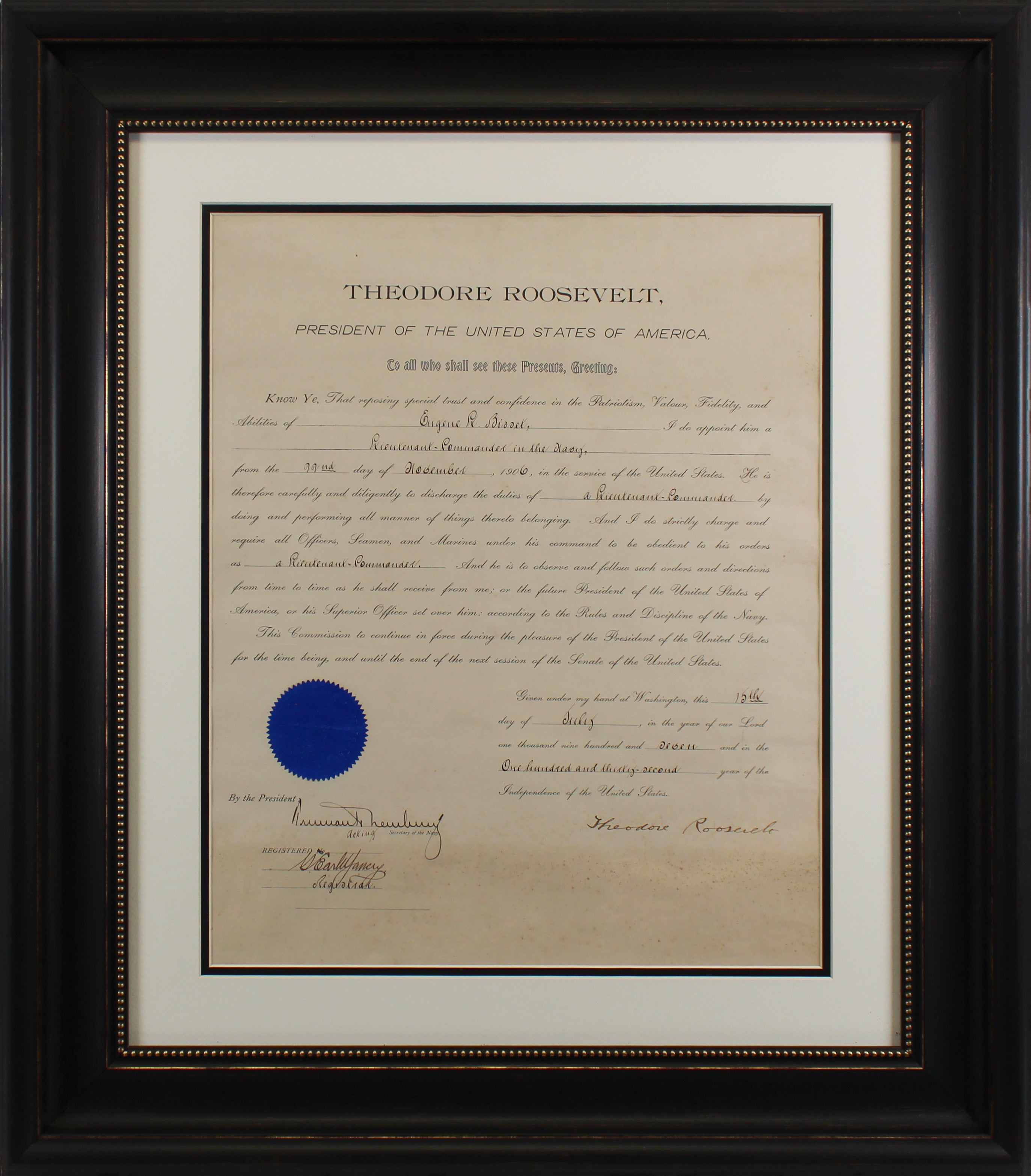 Theodore Roosevelt Signed Framed 15x18.5 1907 Military Appointment BAS #AA03328