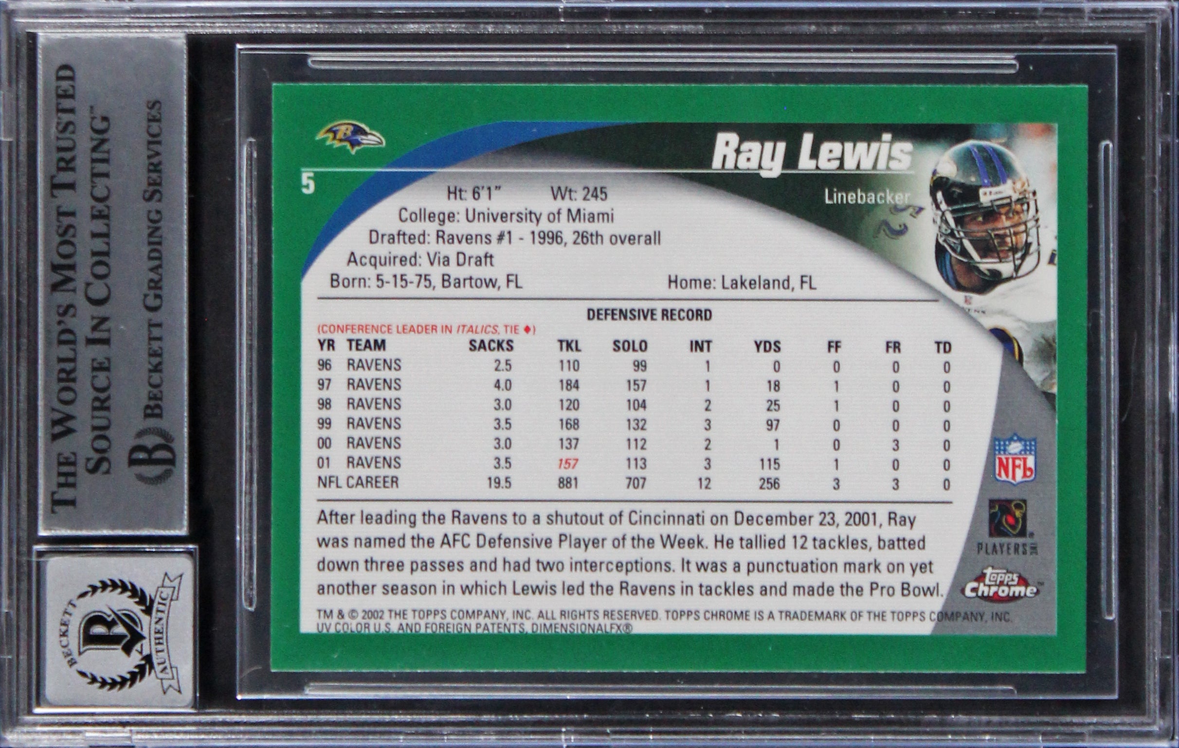 Ravens Ray Lewis Authentic Signed 2002 Topps Chrome #5 Card Auto 10! BAS Slab 2