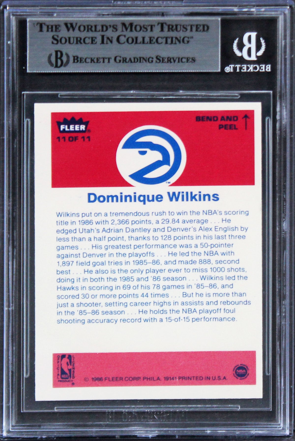 Hawks Dominique Wilkins "HOF 06" Signed 1986 Fleer Stickers #11 RC Card BAS Slab