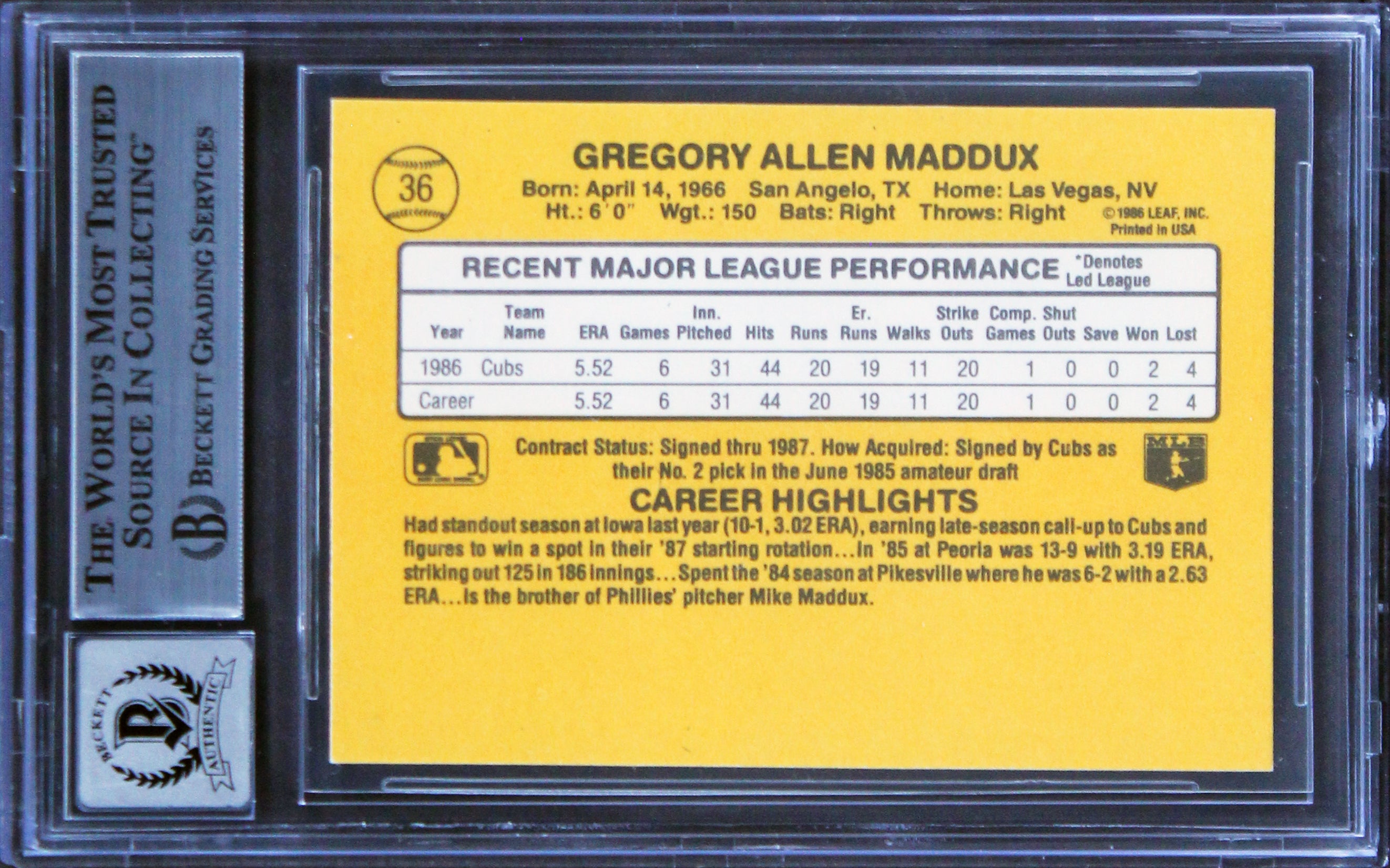 Cubs Greg Maddux Signed 1987 Donruss #36 Rated Rookie Card Auto 10! BAS Slabbed