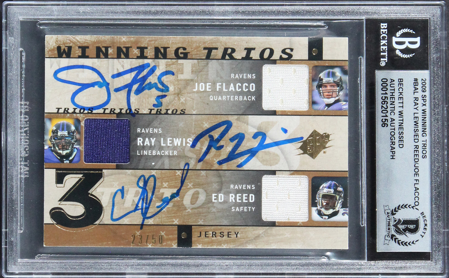 (3) Flacco, Lewis & Reed Signed 2009 SPX Trios #BAL #23/50 Card Auto 10 BAS Slab