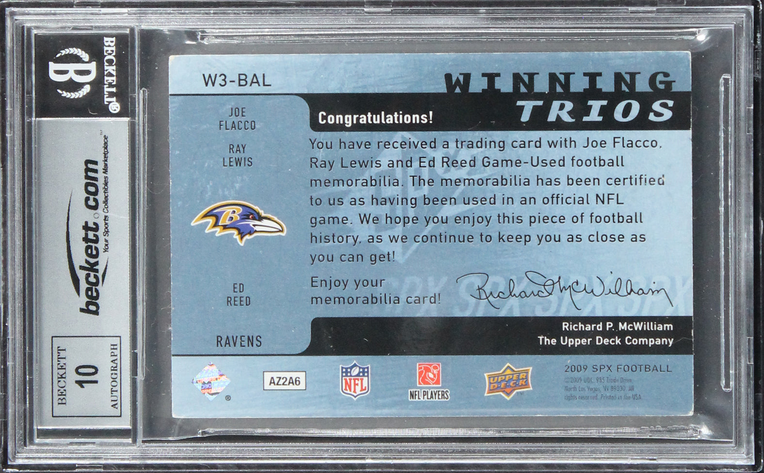 (3) Flacco, Lewis & Reed Signed 2009 SPX Trios #BAL #23/25 Card Auto 10 BAS Slab