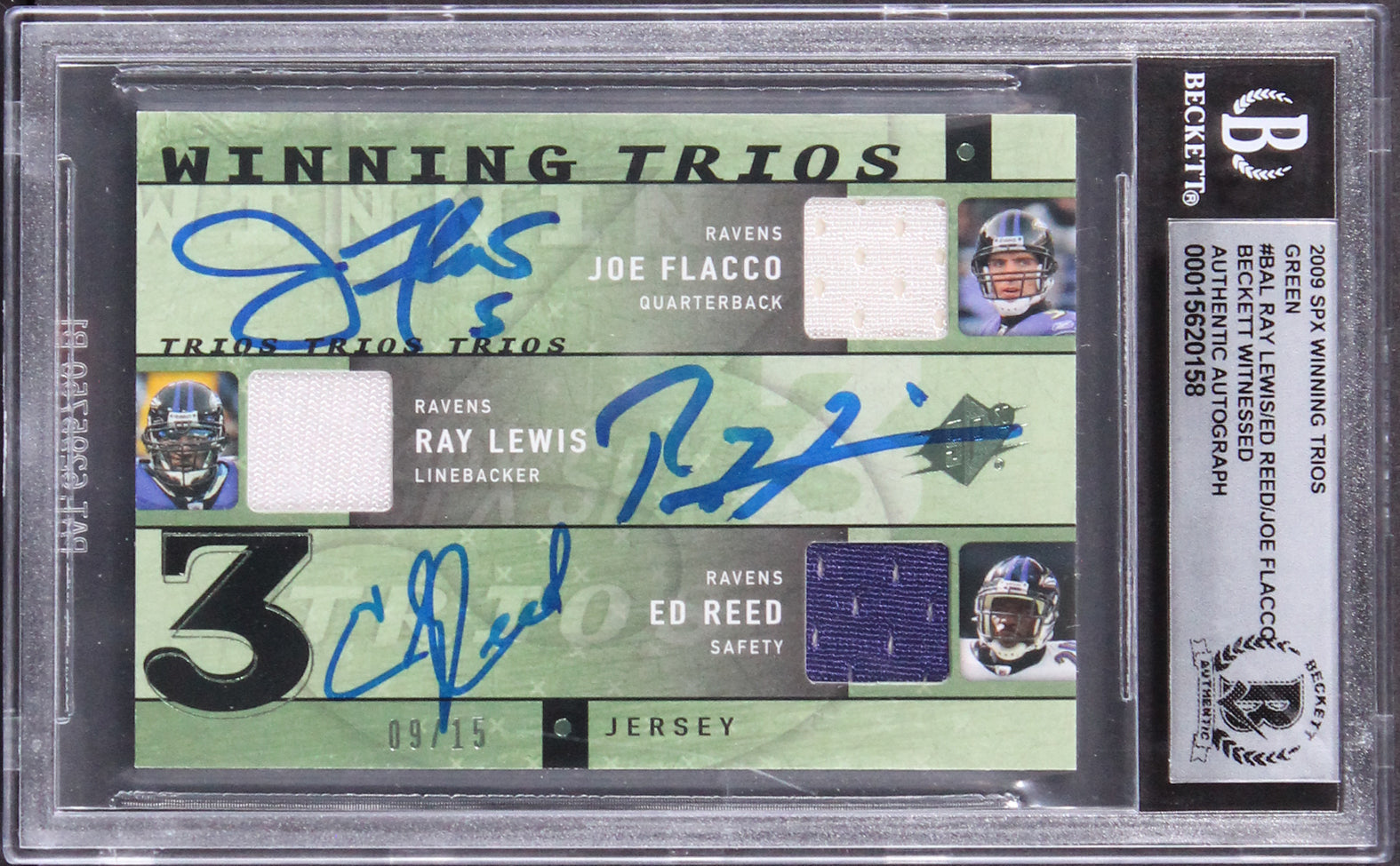 (3) Flacco, Lewis & Reed Signed 2009 SPX Trios #BAL #9/15 Card Auto 10 BAS Slab