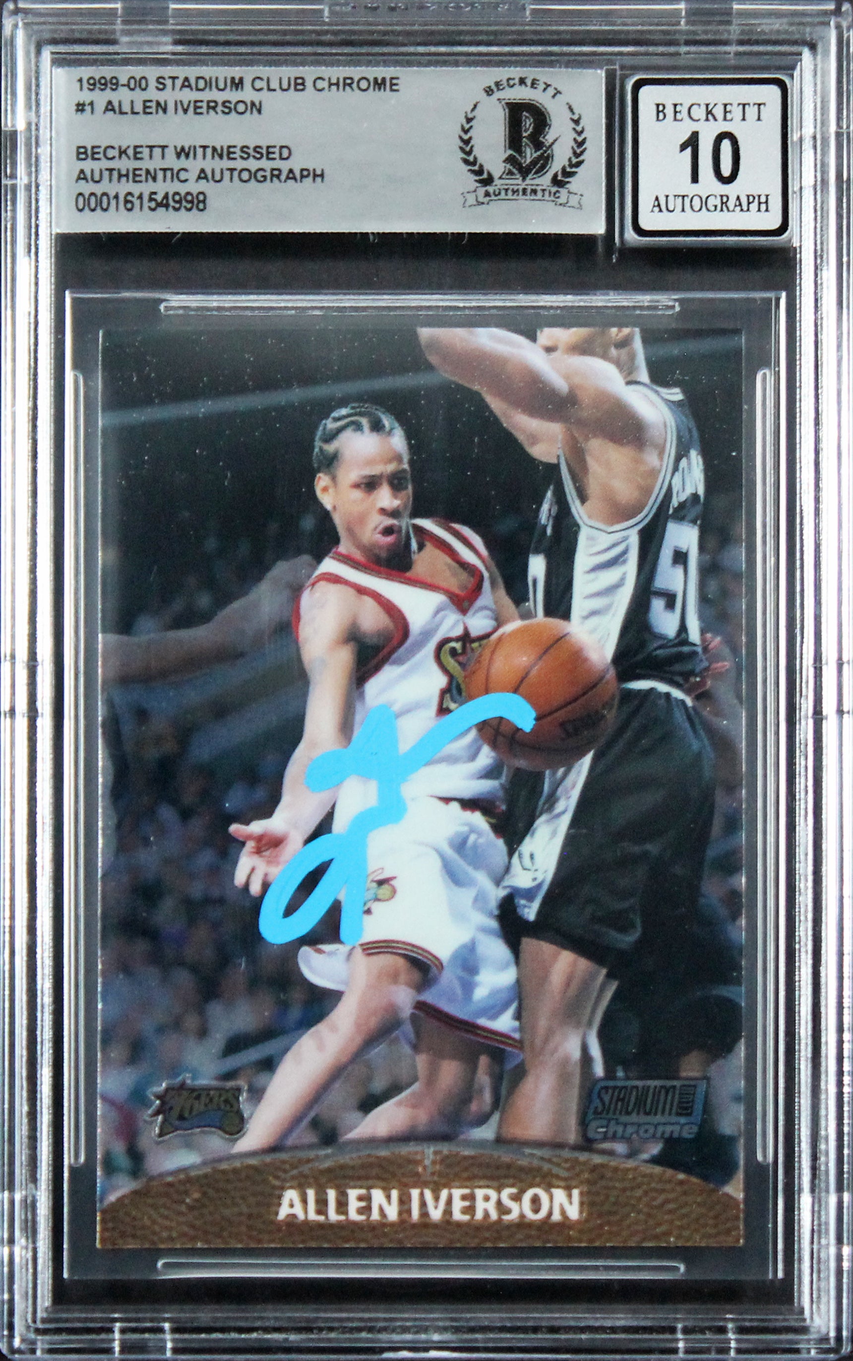 76ers Allen Iverson Signed 1999 Stadium Club Chrome #1 Card Auto 10! BAS Slabbed