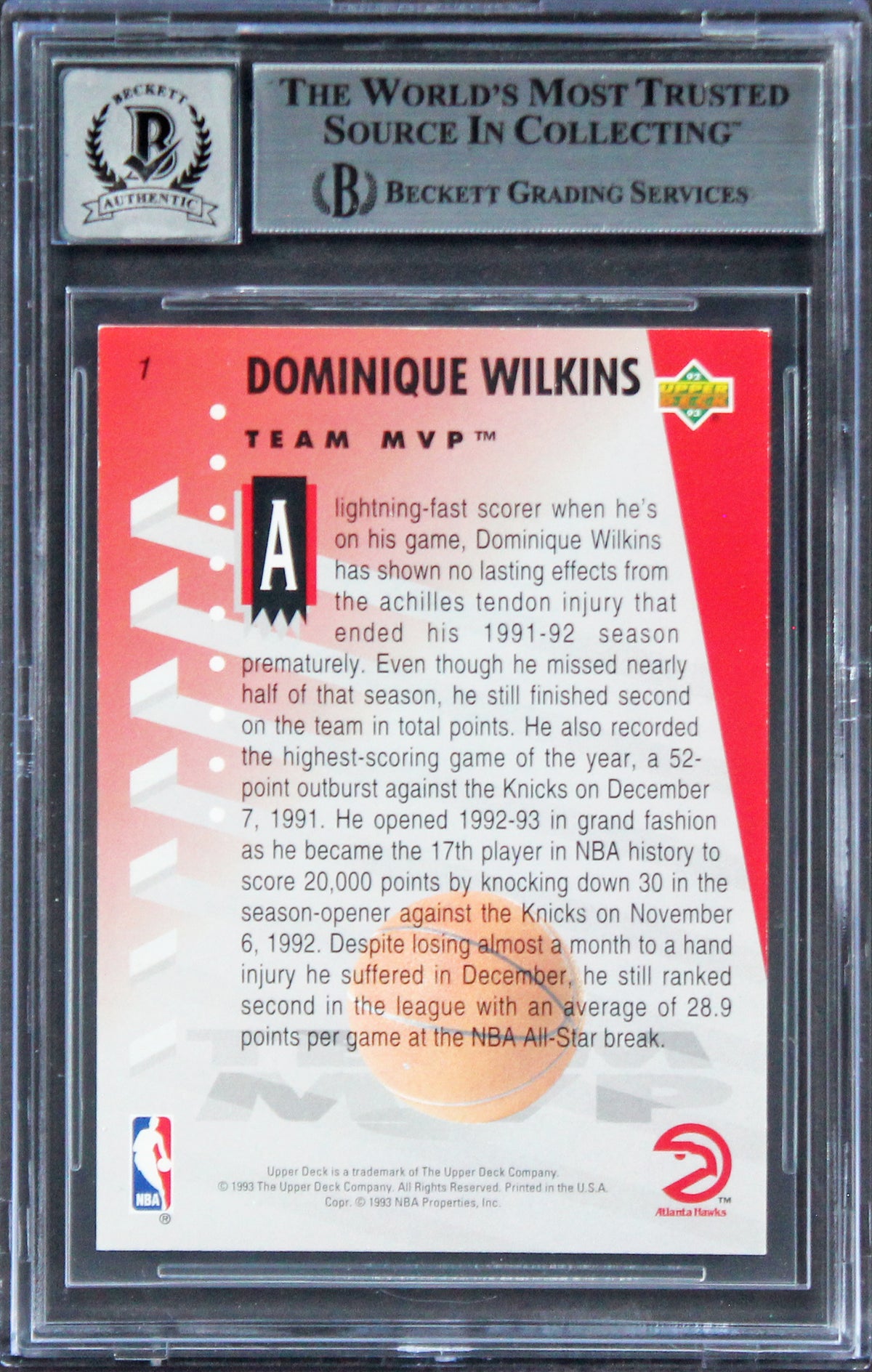 Hawks Dominique Wilkins Signed 1992 UD MVP Holograms #1 Card Auto 10! BAS Slab
