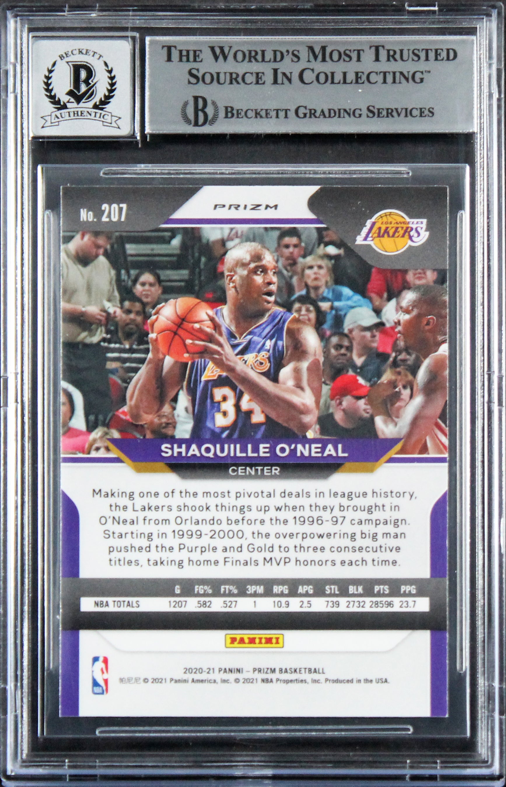 Lakers Shaquille O'Neal Signed 2020 Panini Prizm RI #207 Card Auto 10! BAS Slab