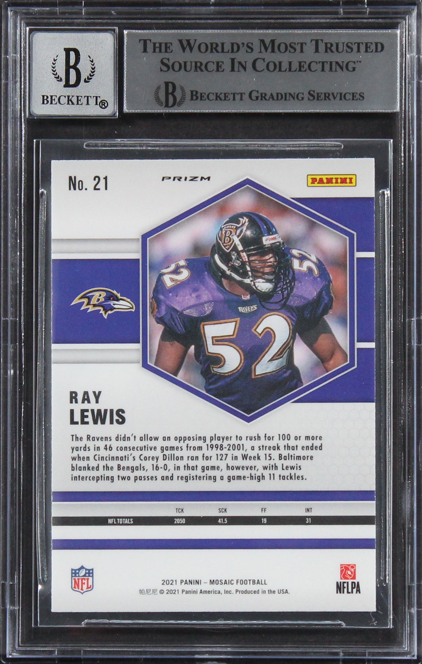 Ravens Ray Lewis Signed 2021 Panini Mosaic Silver #21 Card Auto 10! BAS Slabbed