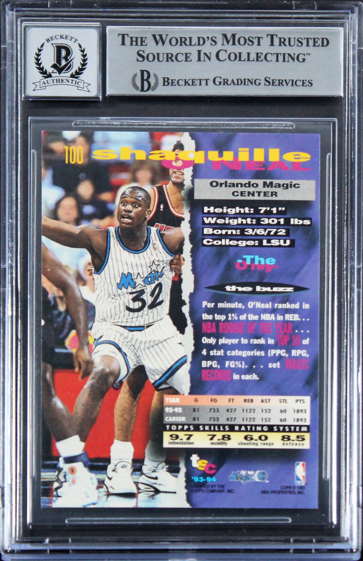 Magic Shaquille O'Neal Signed 1993 Stadium Club #100 Card Auto 10! BAS Slabbed