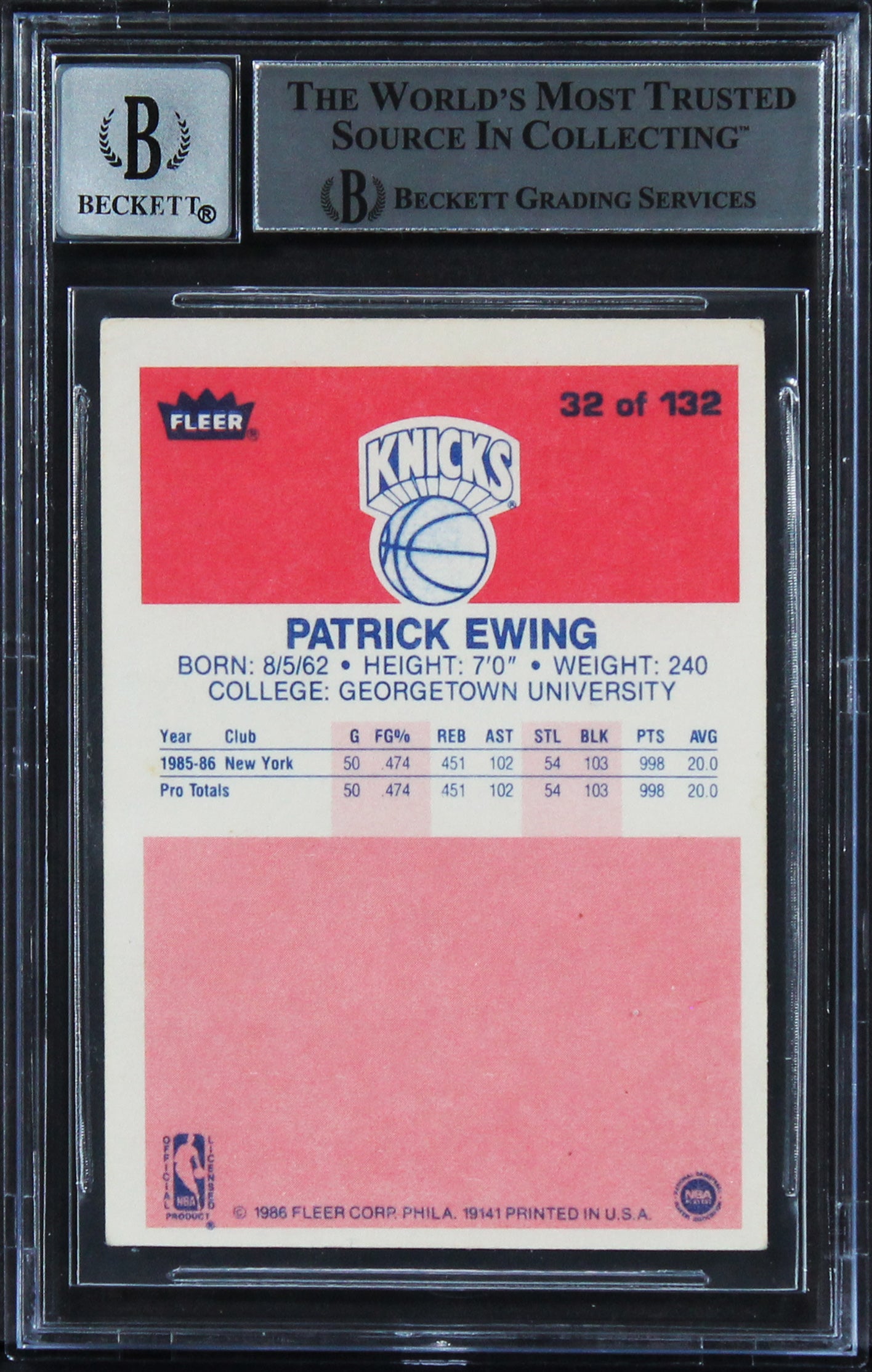 Knicks Patrick Ewing Signed 1986 Fleer #32 RC Card Auto Graded 10! BAS Slabbed 2