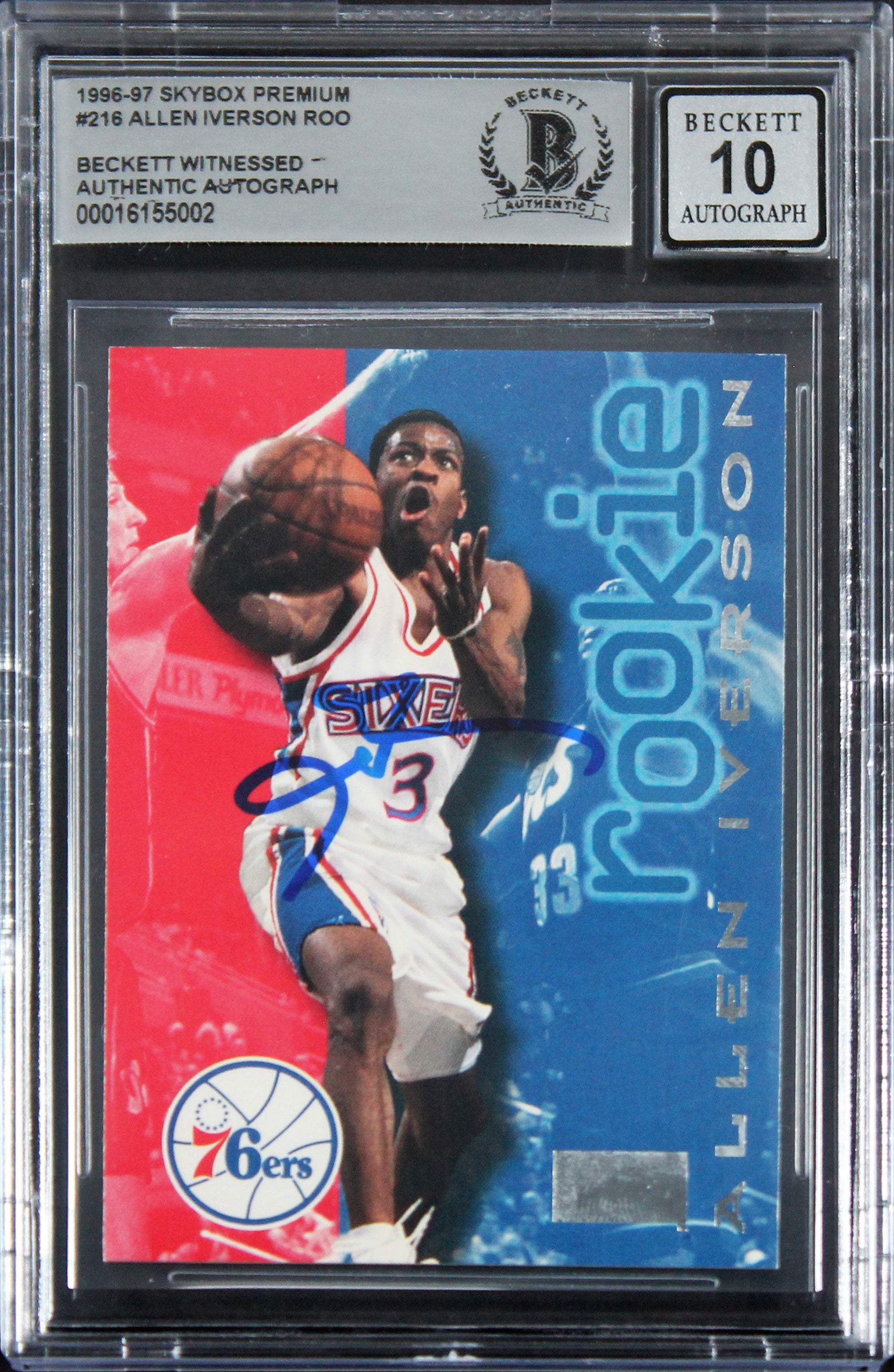 76ers Allen Iverson Signed 1996 Skybox Premium #216 Card Auto 10! BAS Slabbed