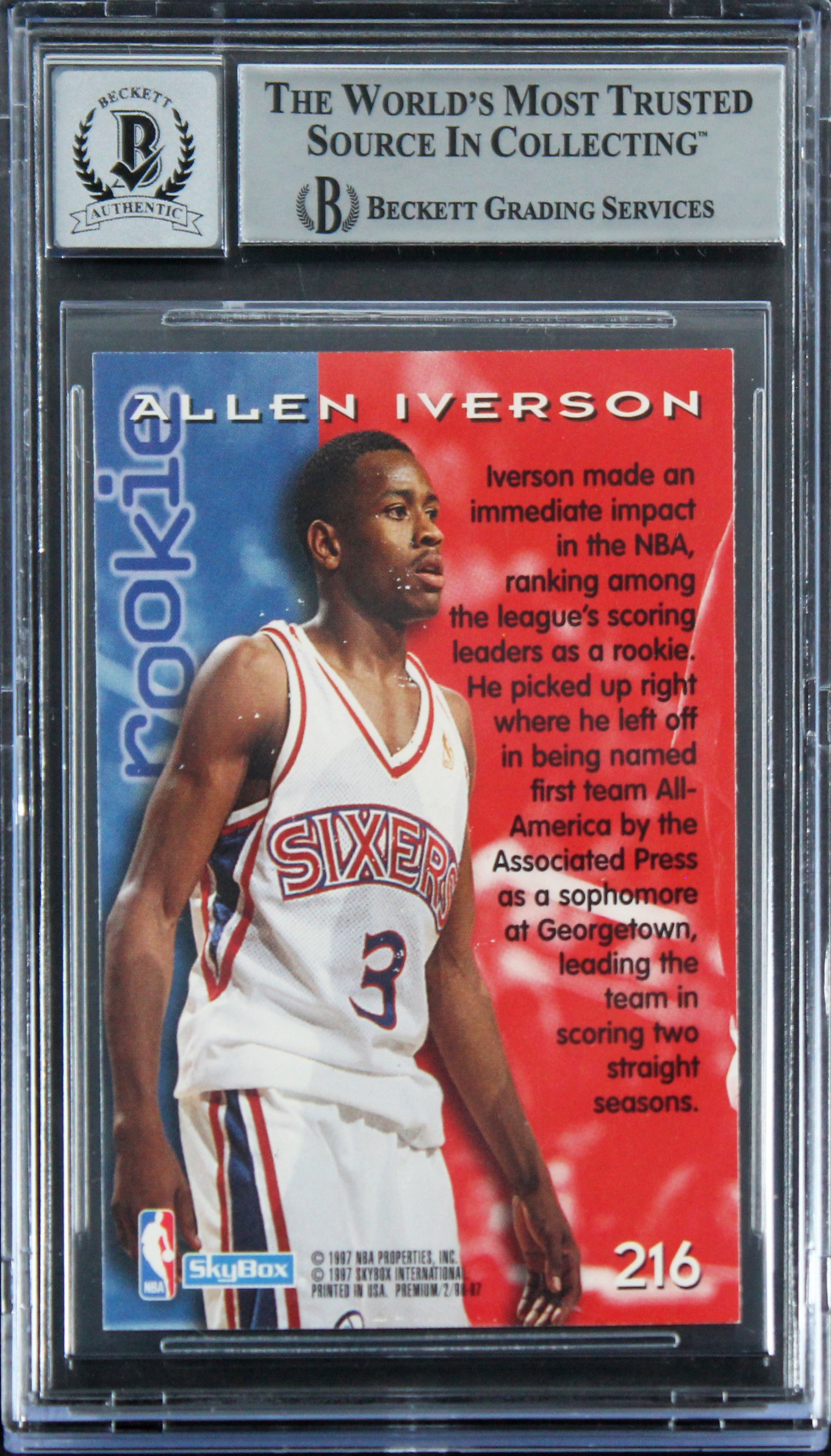 76ers Allen Iverson Signed 1996 Skybox Premium #216 Card Auto 10! BAS Slabbed