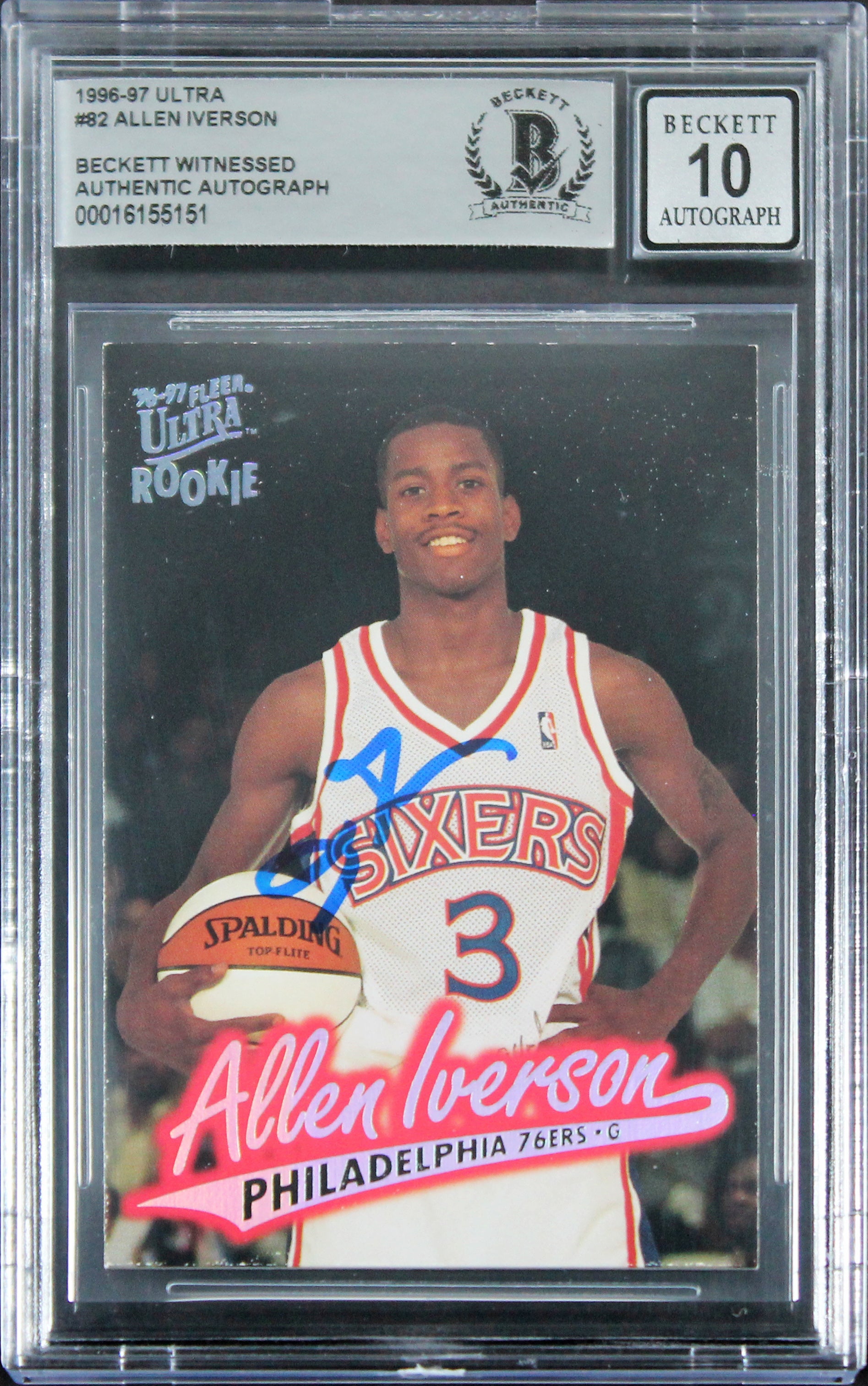 76ers Allen Iverson Signed 1996 Ultra #82 Rookie Card Auto 10! BAS Slabbed 3