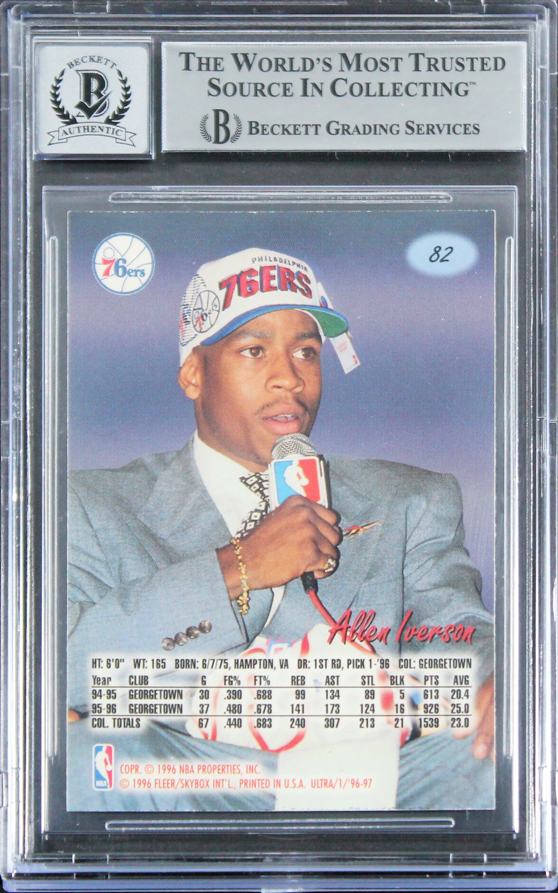 76ers Allen Iverson Signed 1996 Ultra #82 Rookie Card Auto 10! BAS Slabbed 3