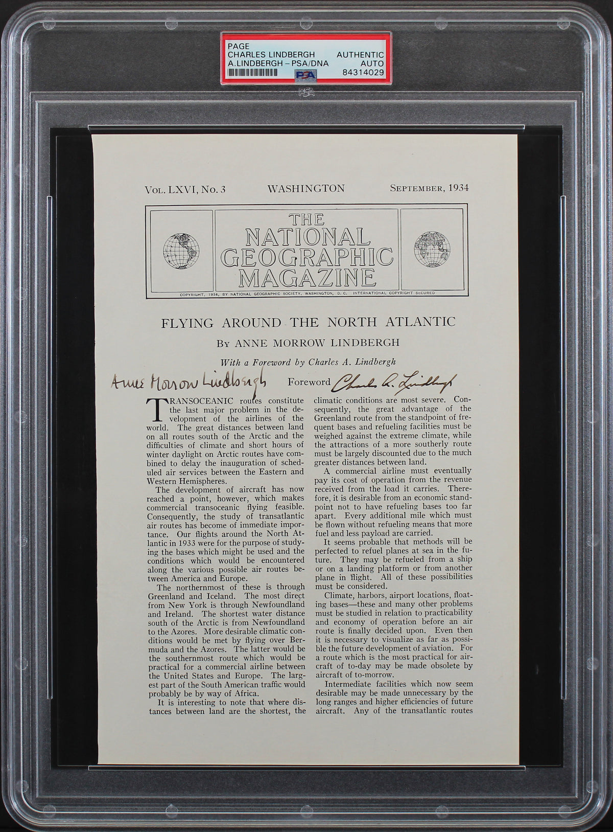 Charles Lindbergh & Anne Morrow Lindbergh Signed 1934 Magazine Page PSA Slabbed