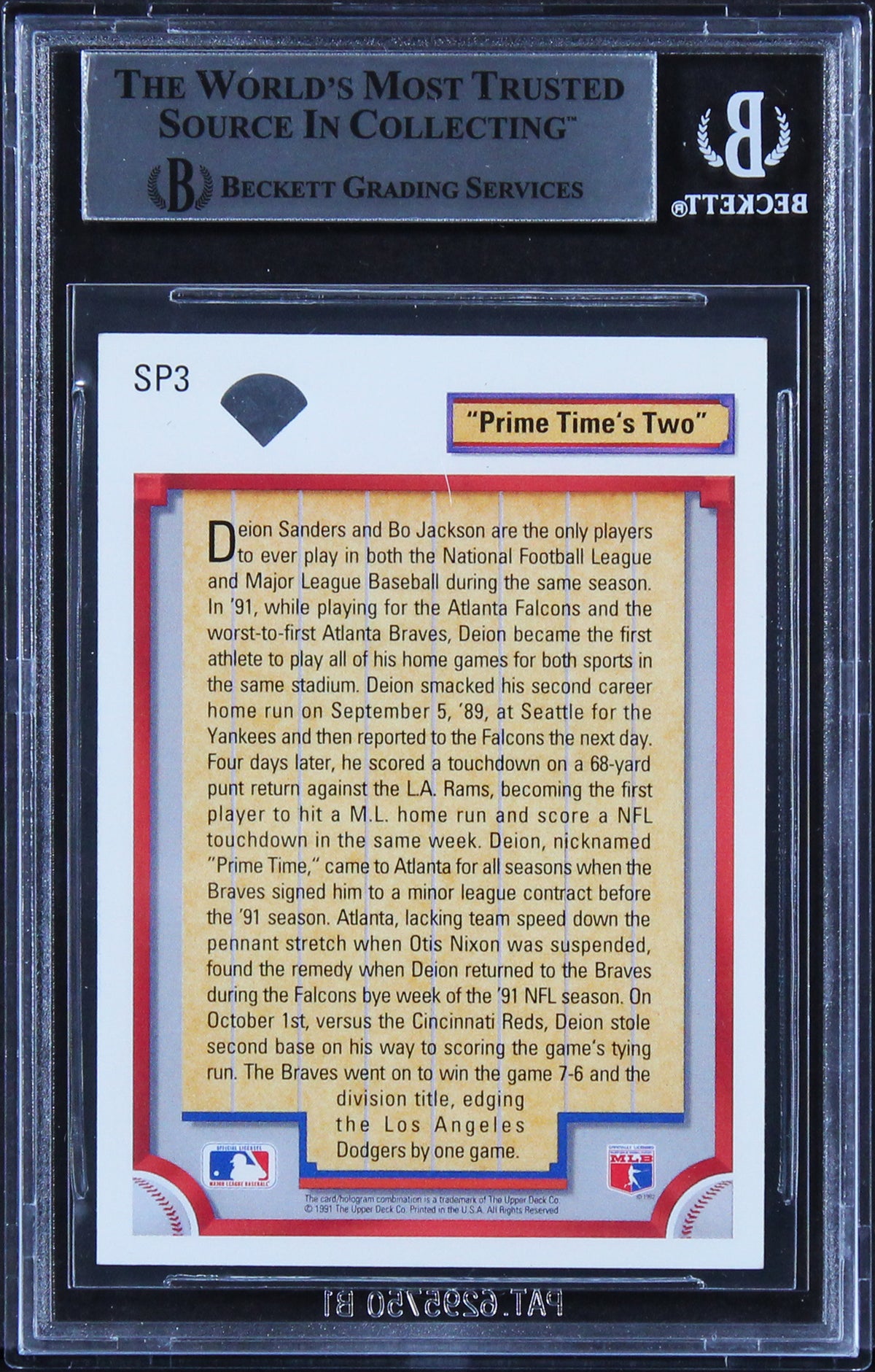 Deion Sanders "Primetime" Signed 1992 Upper Deck #SP3 FB/BB Card BAS Slabbed
