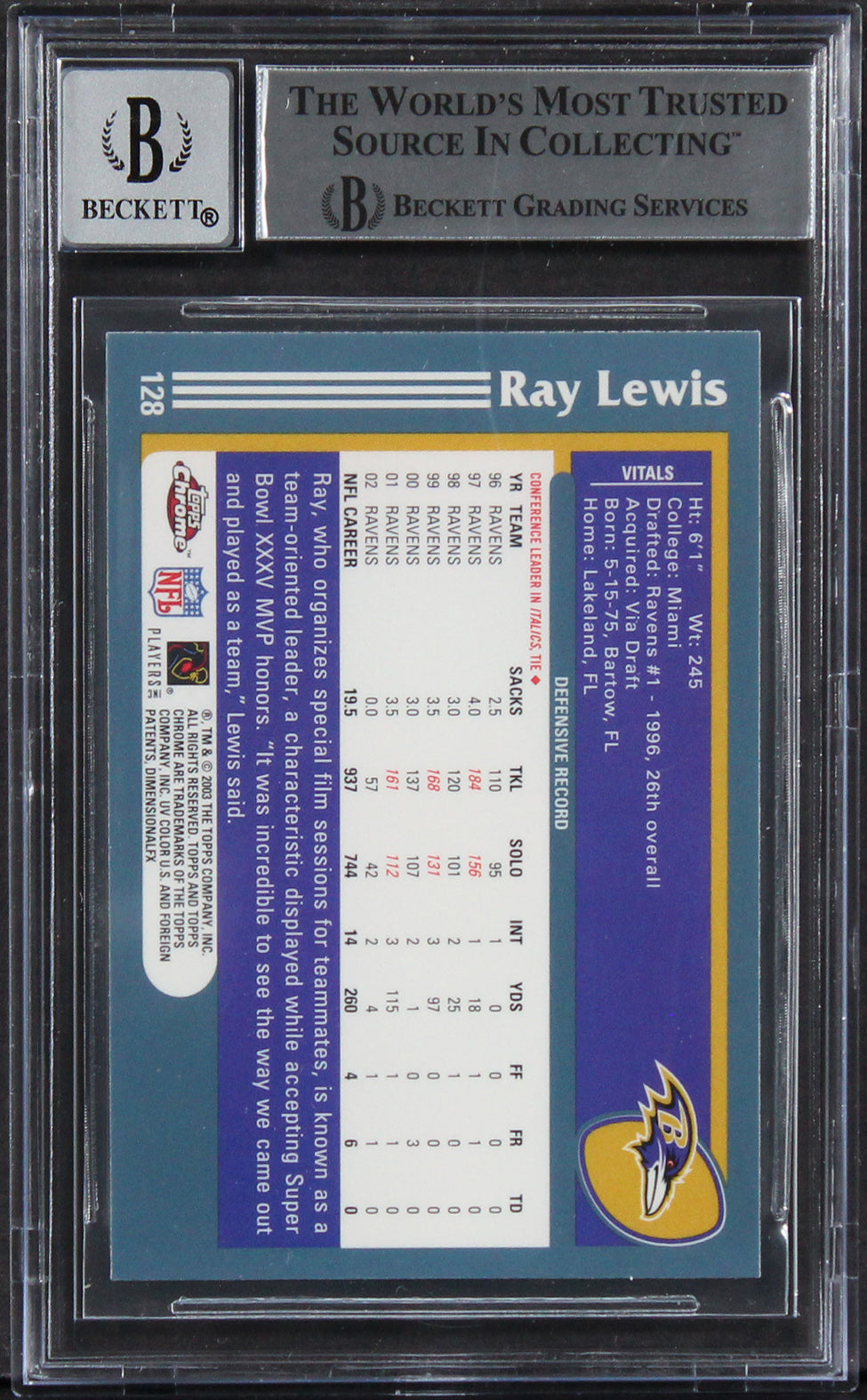 Ravens Ray Lewis Signed 2003 Topps Chrome #128 Card Auto 10! BAS Slabbed