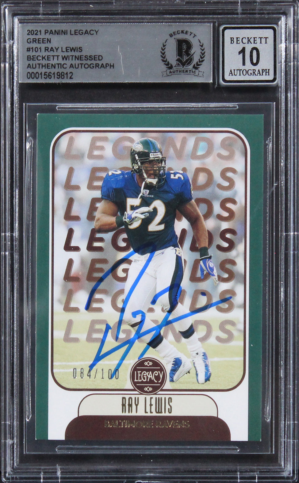 Ravens Ray Lewis Signed 2021 Panini Legacy Green #101 Card Auto 10! BAS Slabbed