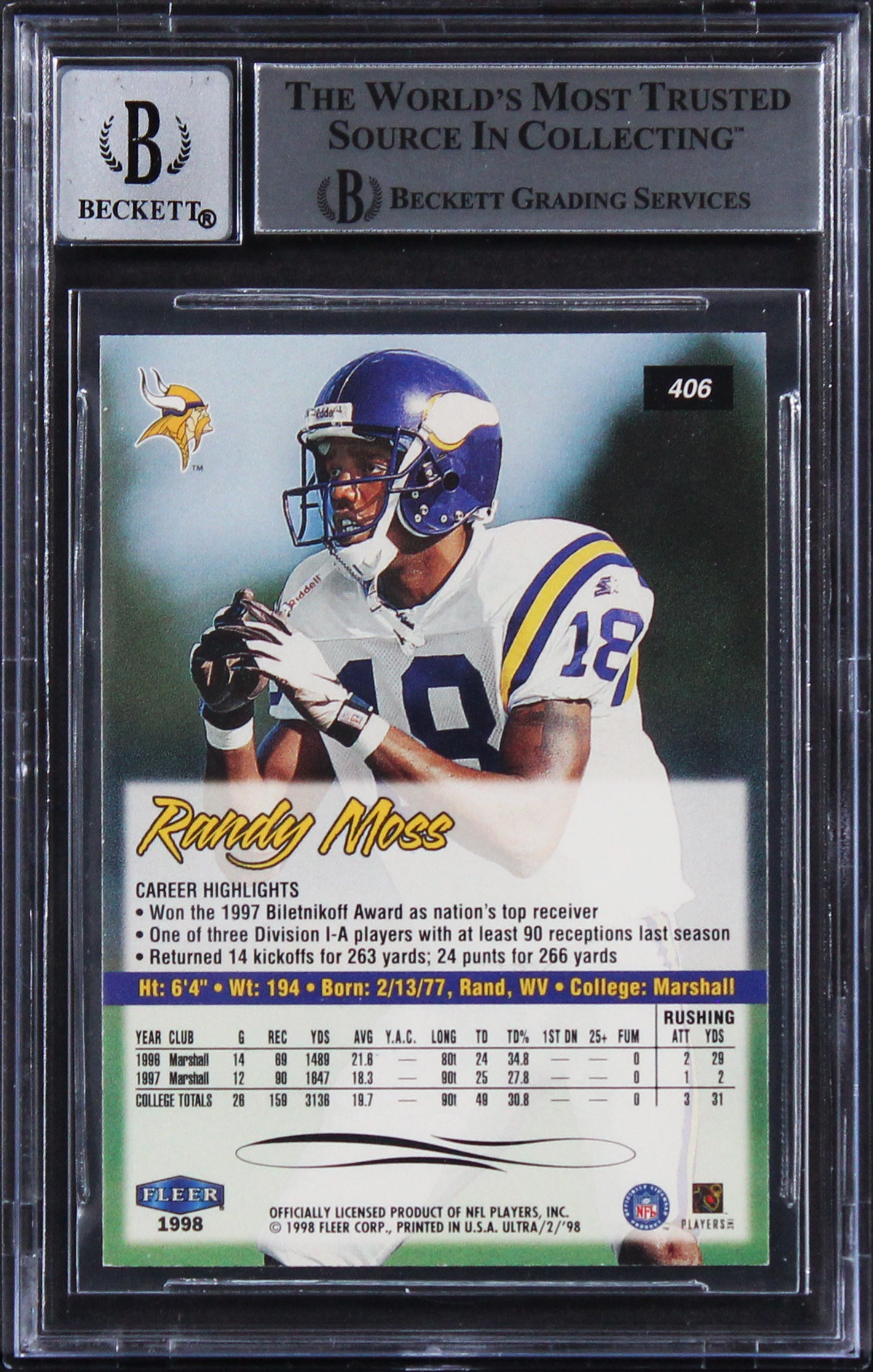 Vikings Randy Moss Signed 1998 Ultra #406 Rookie Card Auto 10! BAS Slabbed