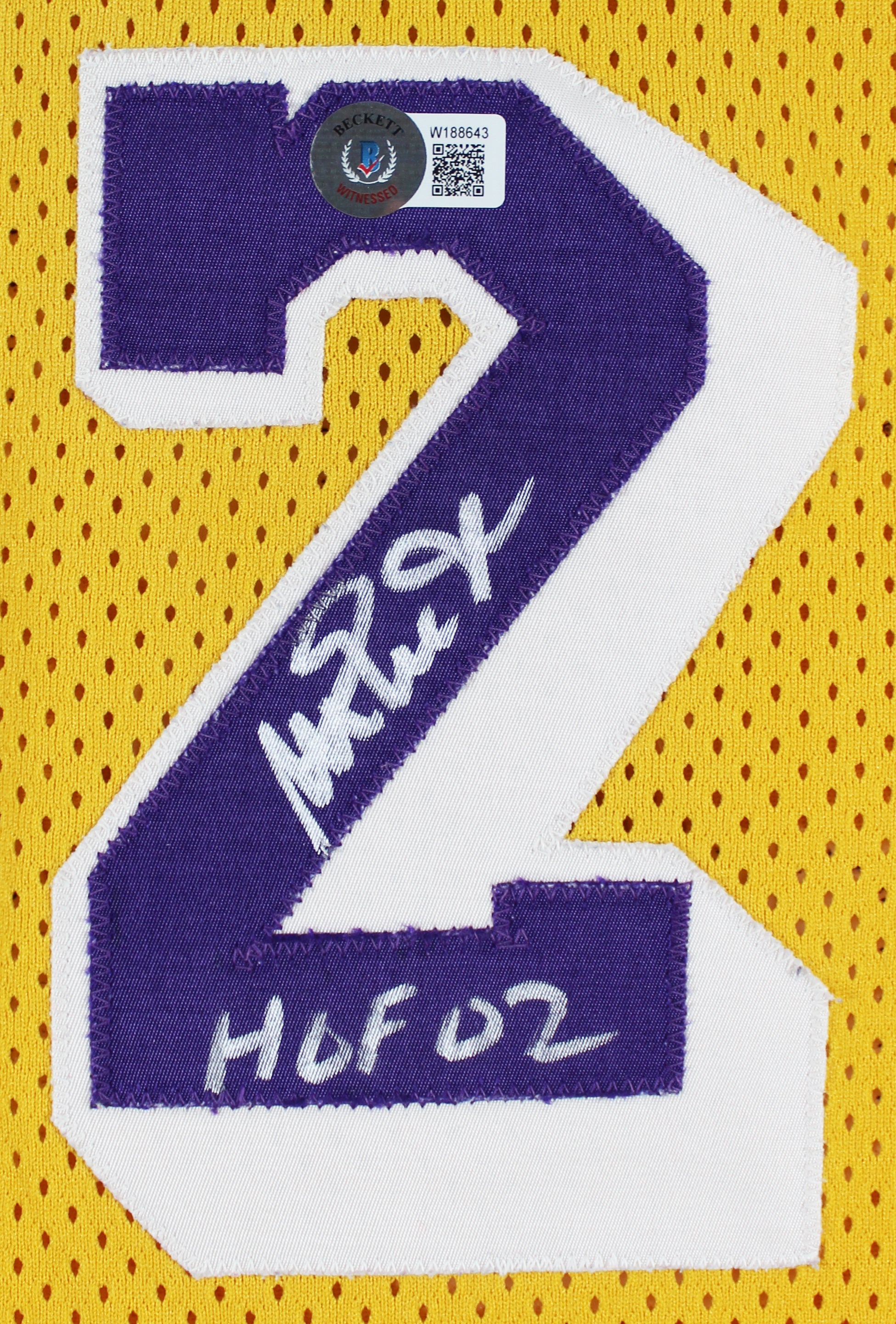 Lakers Magic Johnson "HOF 02" Signed Yellow MacGregor Sand-Knit Jersey BAS Wit 4