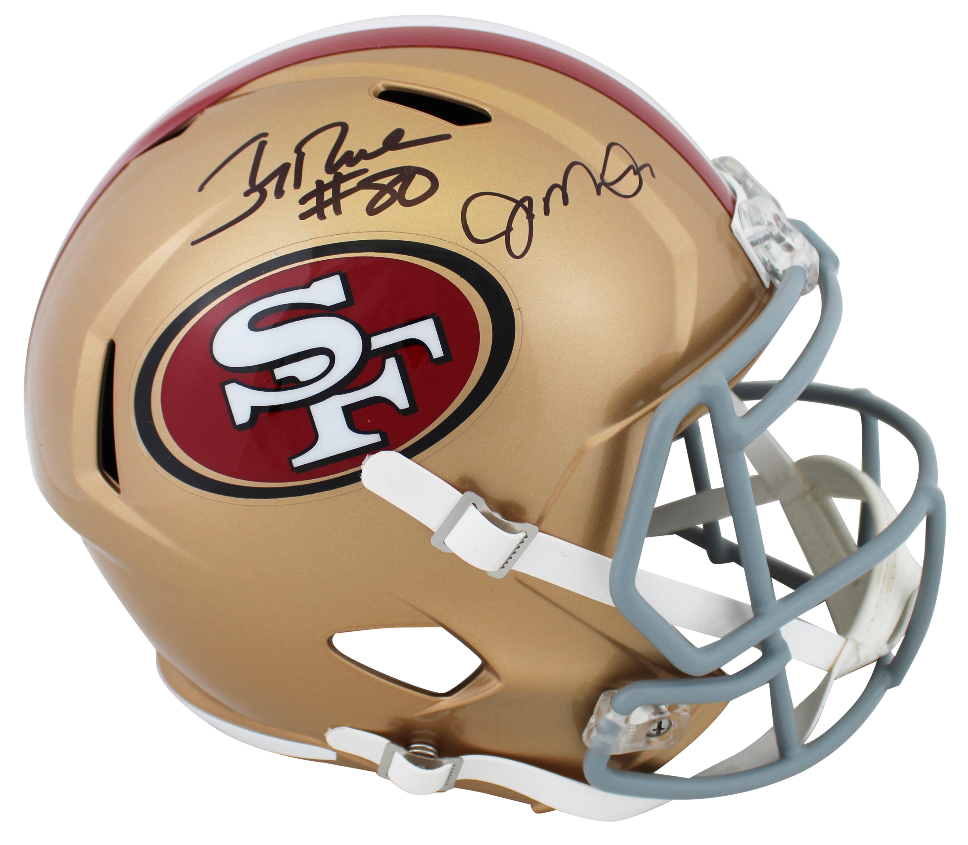 49ers Joe Montana & Jerry Rice Signed Full Size Speed Rep Helmet W/ Case BAS