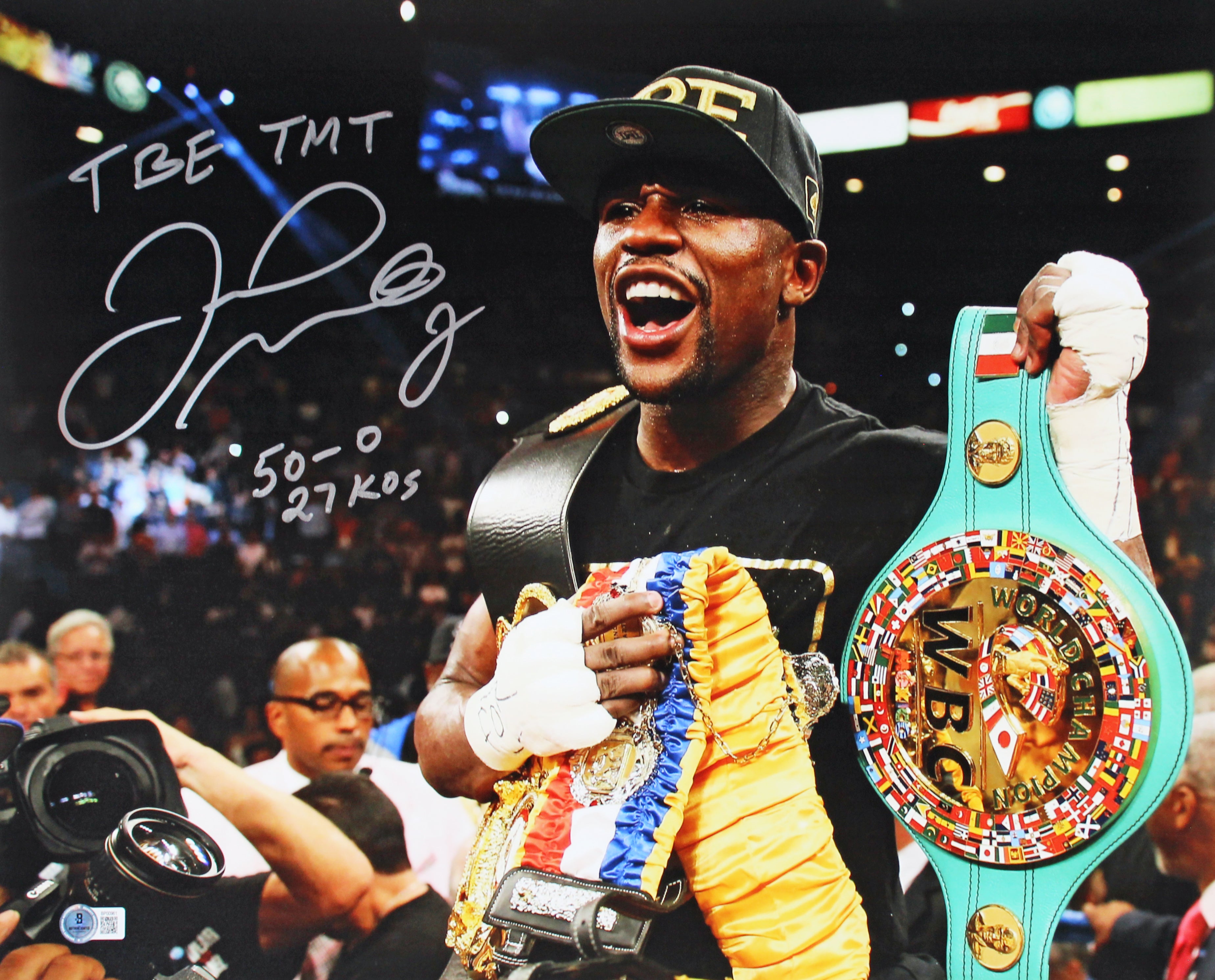 Floyd Mayweather "TBE, TMT, 50-0, 27 KOs" Signed 16x20 Photo BAS #BP00961