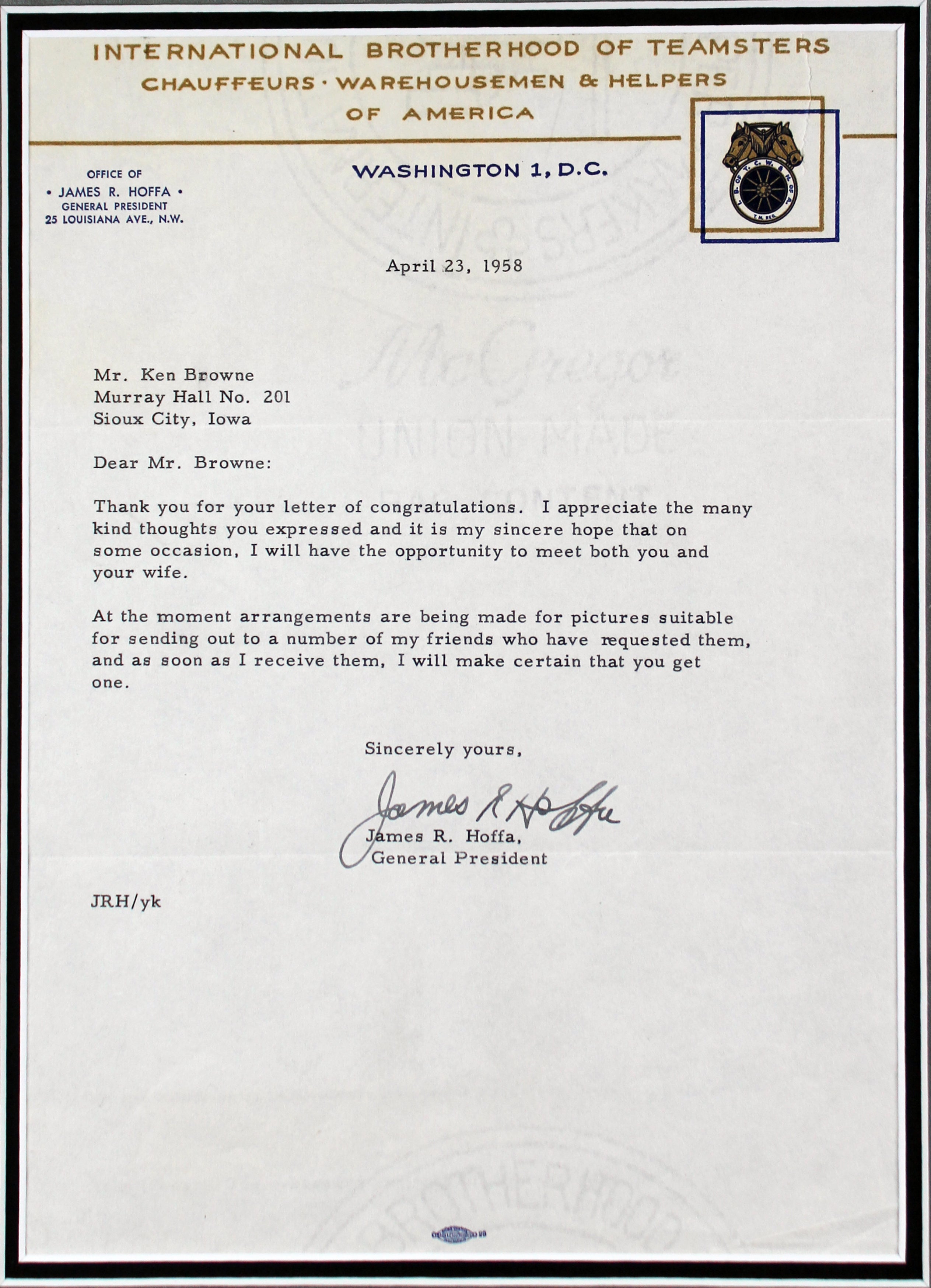 J. Edgar Hoover & Jimmy Hoffa Signed 8.5x11 Typed Letters Framed Display BAS
