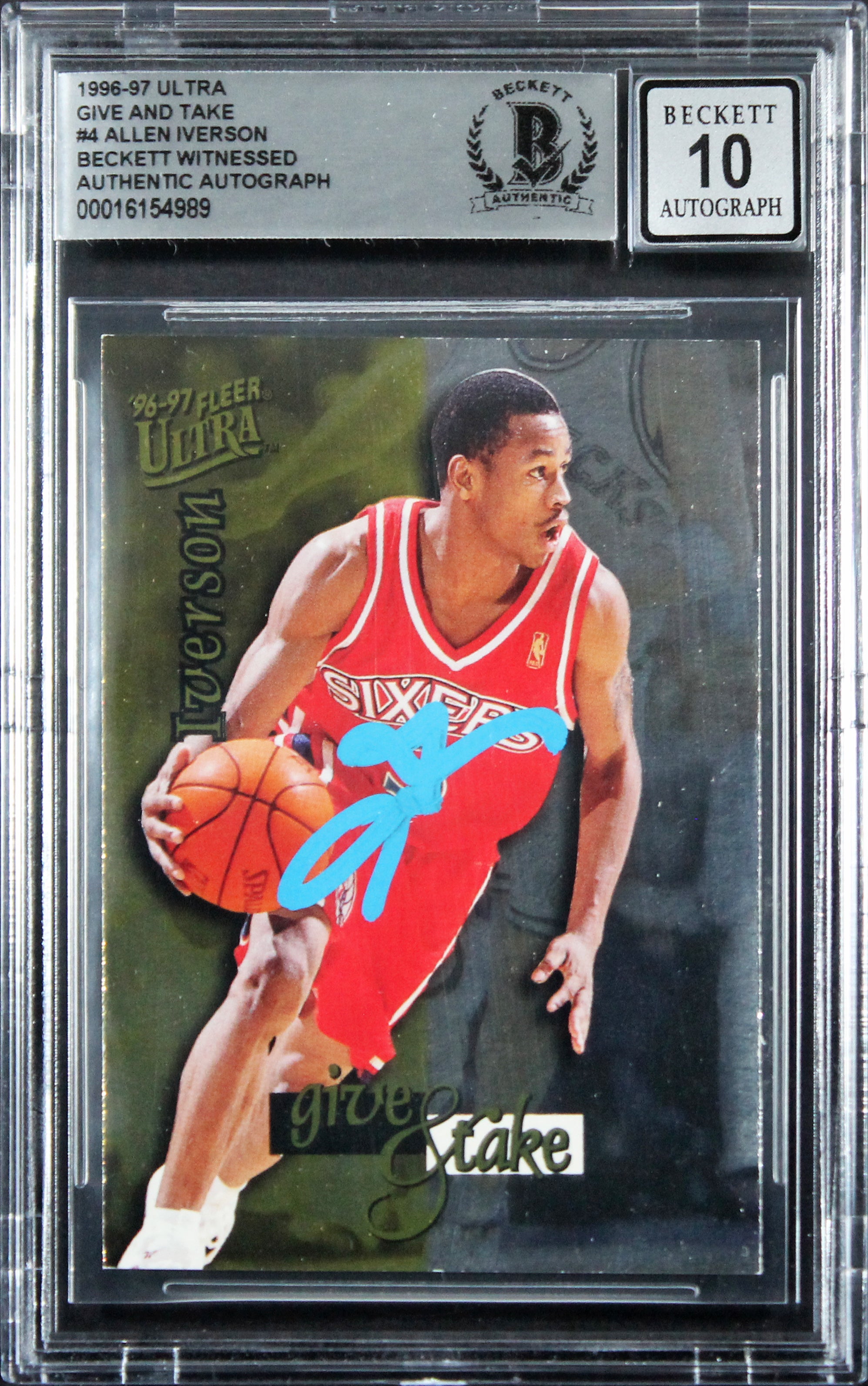 76ers Allen Iverson Signed 1996 Ultra Give & Take #4 RC Card Auto 10! BAS Slab