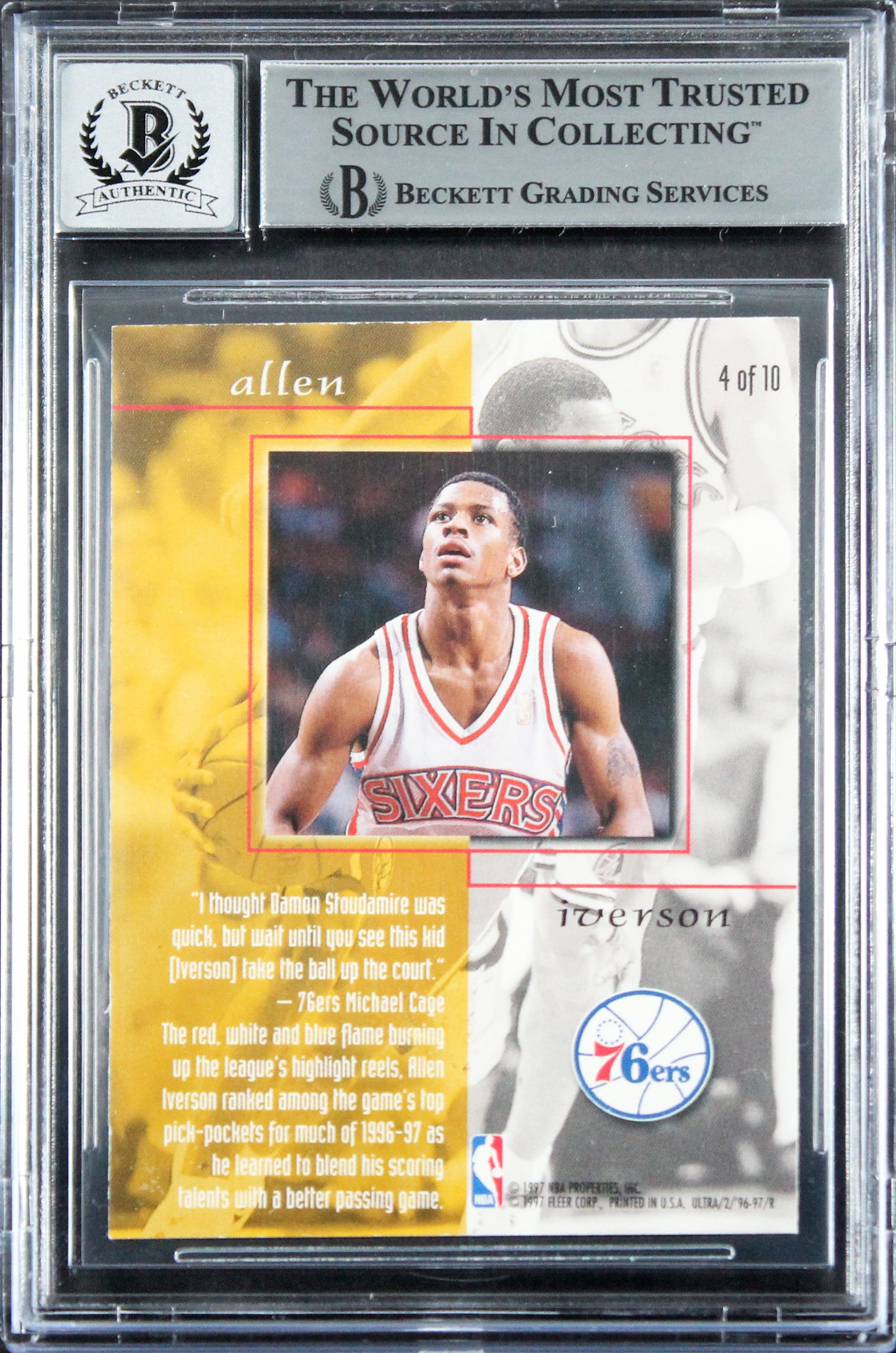76ers Allen Iverson Signed 1996 Ultra Give & Take #4 RC Card Auto 10! BAS Slab