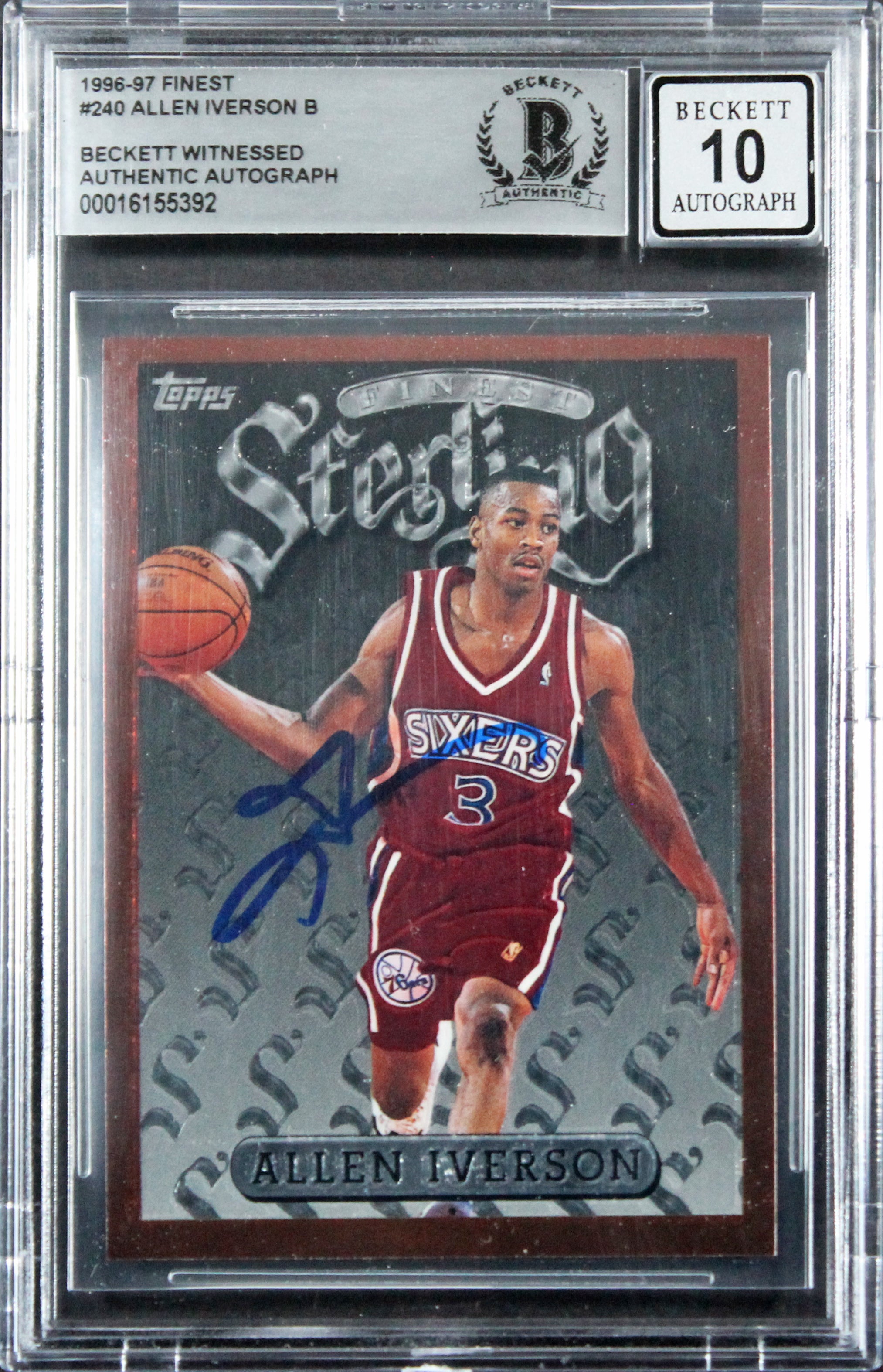 76ers Allen Iverson Signed 1996 Finest #240 Rookie Card Auto 10! BAS Slabbed