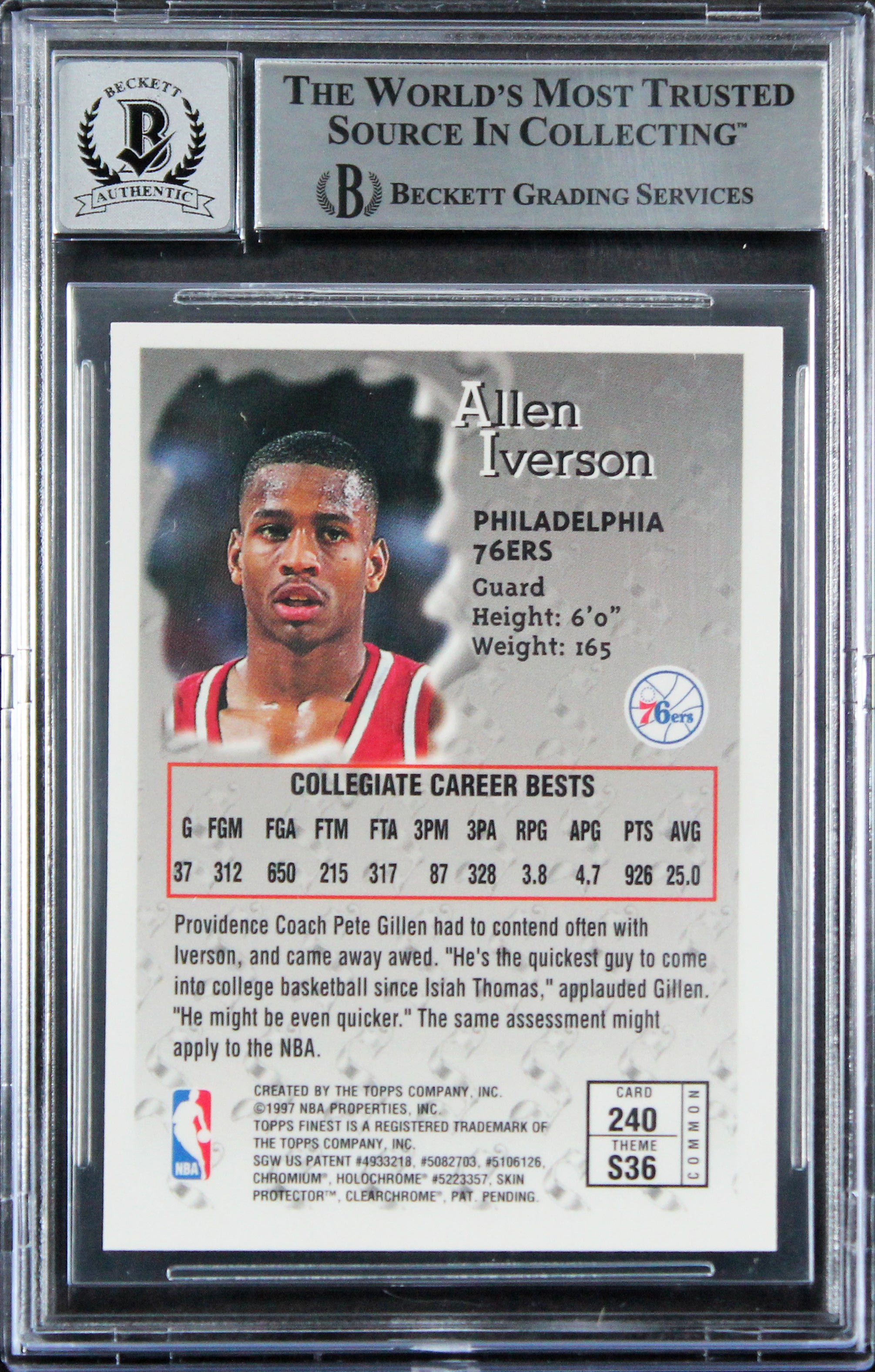 76ers Allen Iverson Signed 1996 Finest #240 Rookie Card Auto 10! BAS Slabbed