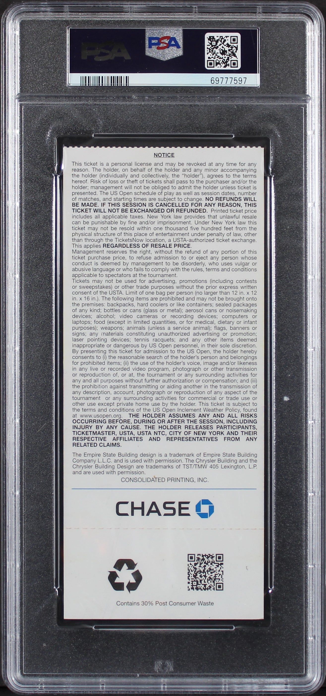 Rafael Nadal & Novak Djokovic Signed 2013 US Open Final Full Ticket PSA Slab 2