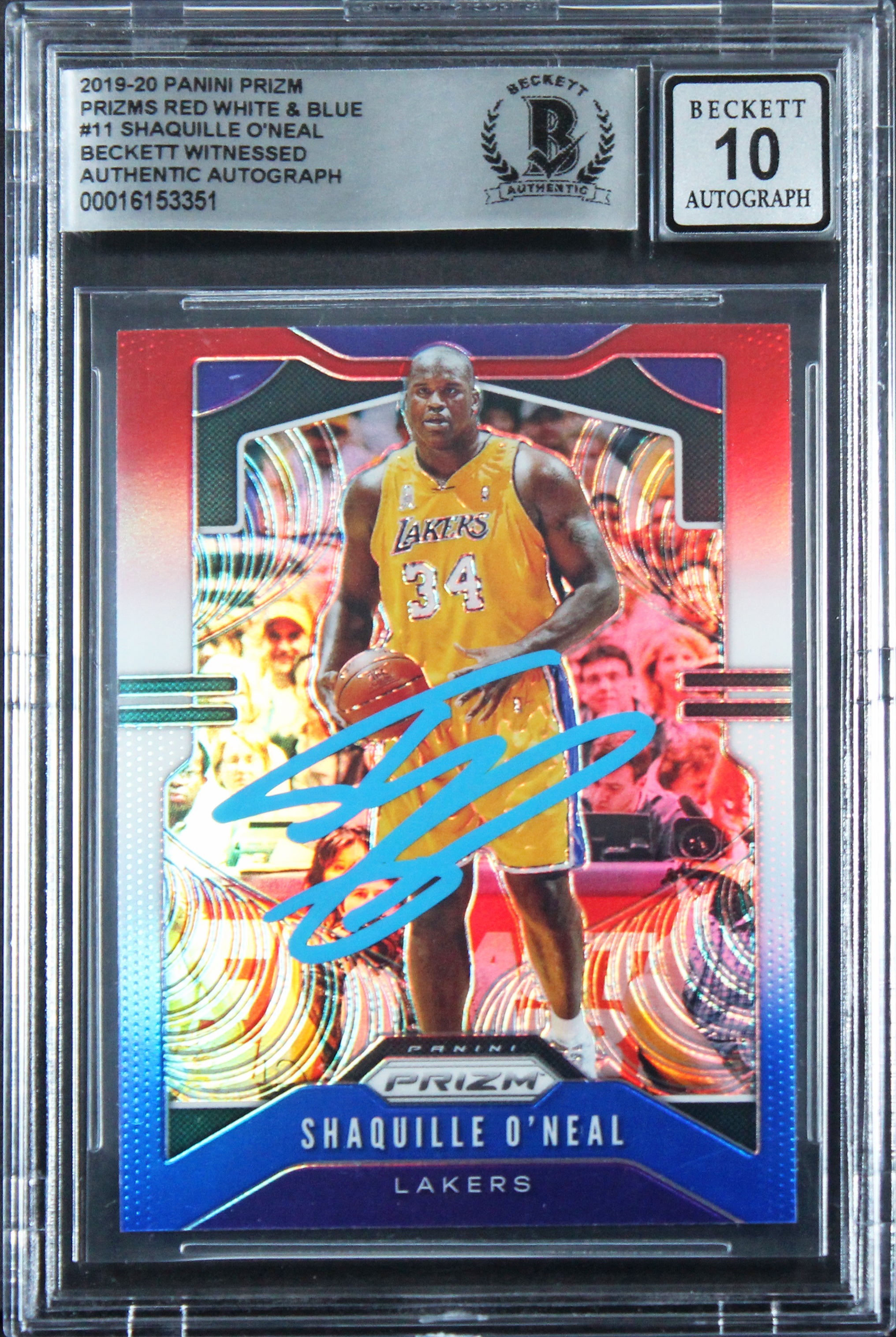 Lakers Shaquille O'Neal Signed 2019 Panini Prizm RW&B #11 Card Auto 10! BAS Slab