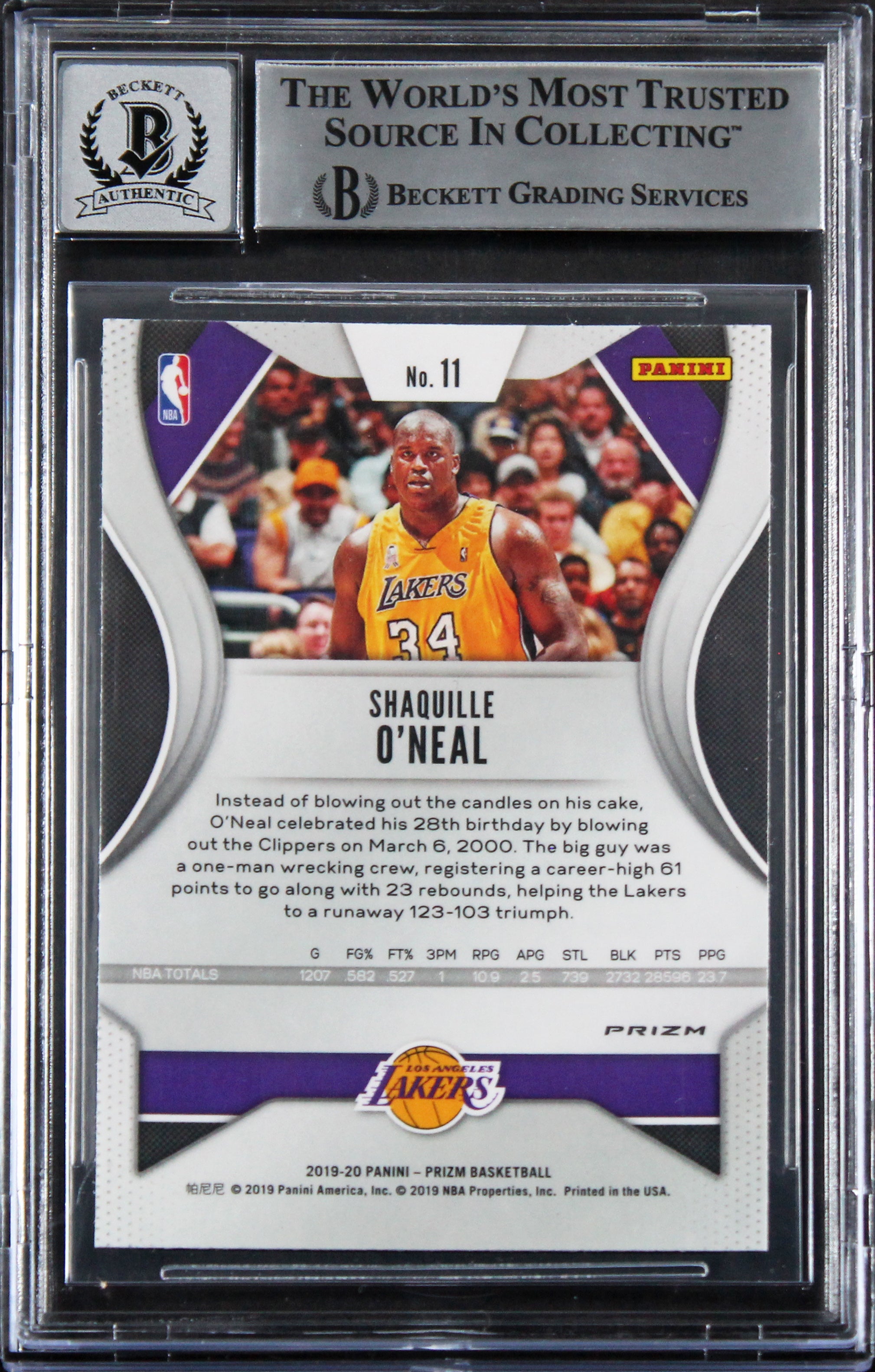 Lakers Shaquille O'Neal Signed 2019 Panini Prizm RW&B #11 Card Auto 10! BAS Slab
