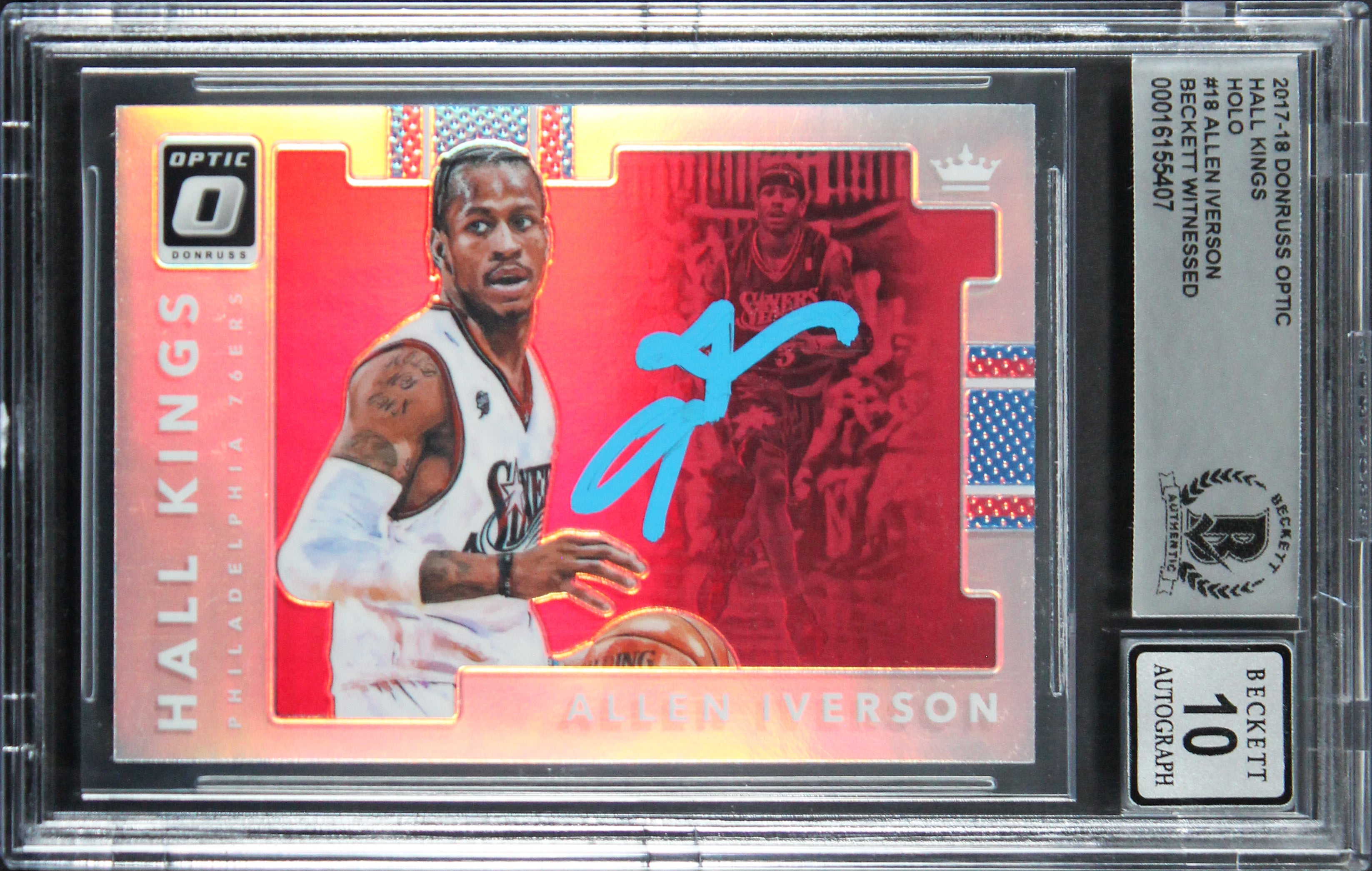 76ers Allen Iverson Signed 2017 Donruss Optic HK #18 Card Auto 10! BAS Slabbed