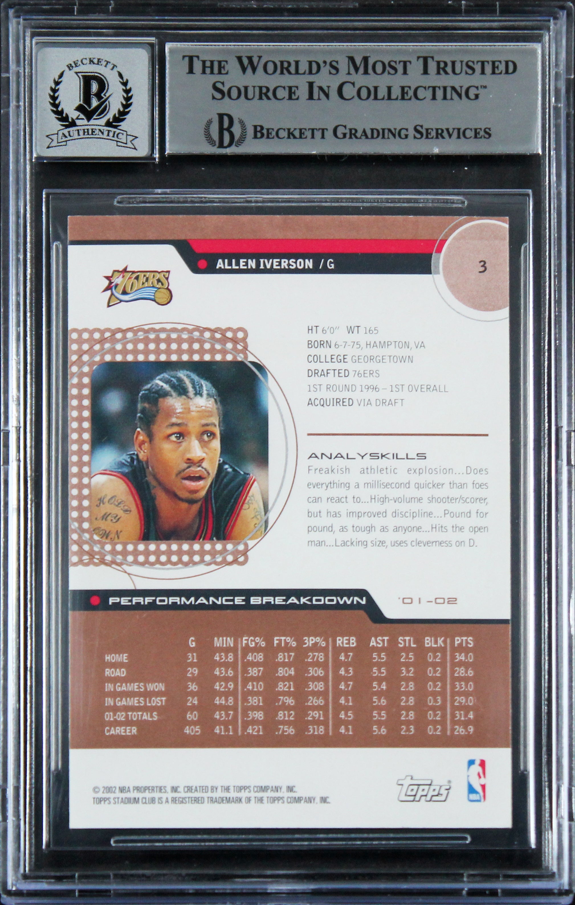 76ers Allen Iverson Signed 2002 Stadium Club #3 Card Auto 10! BAS Slabbed