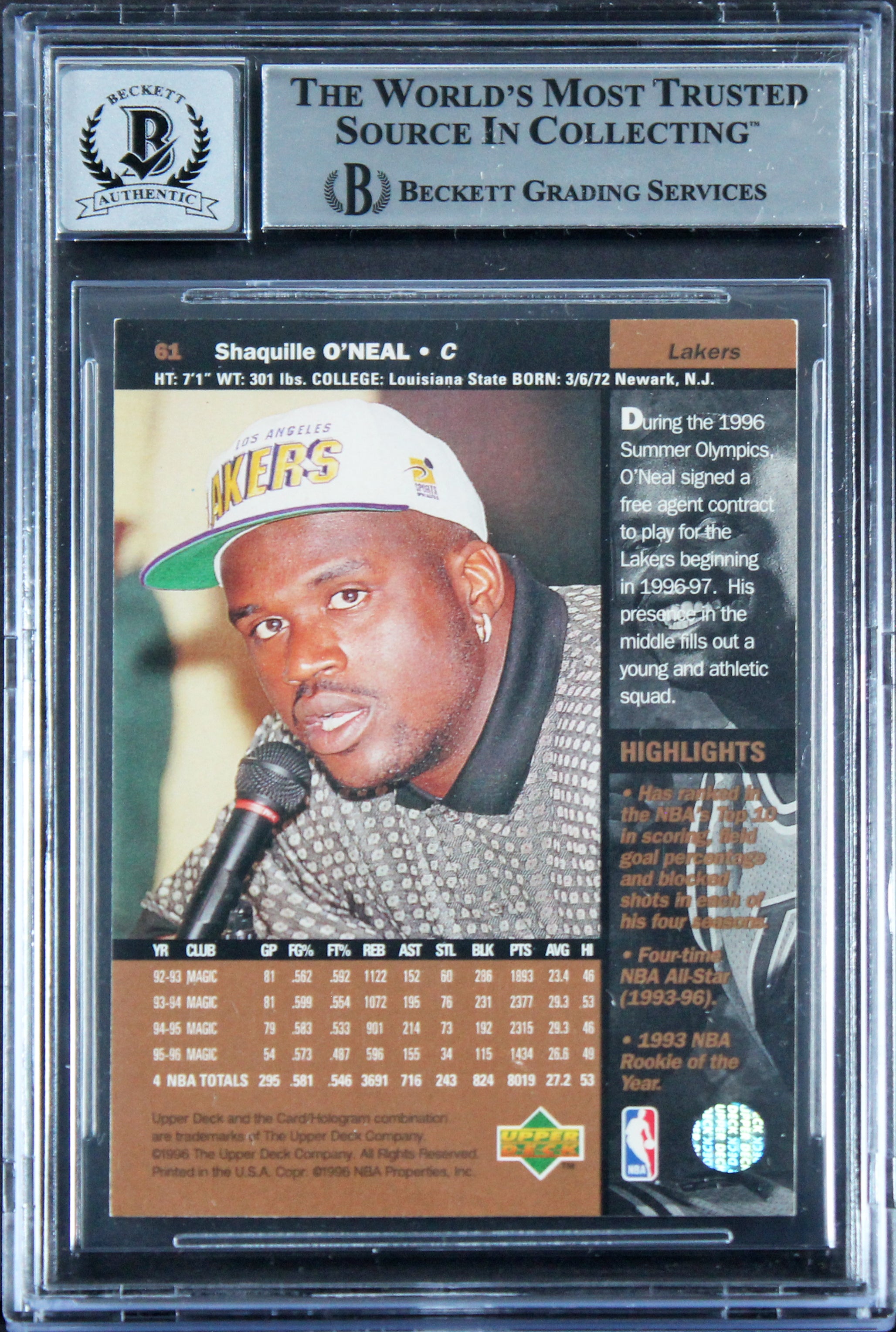 Lakers Shaquille O'Neal Signed 1996 Upper Deck #61 Card Auto 10! BAS Slabbed