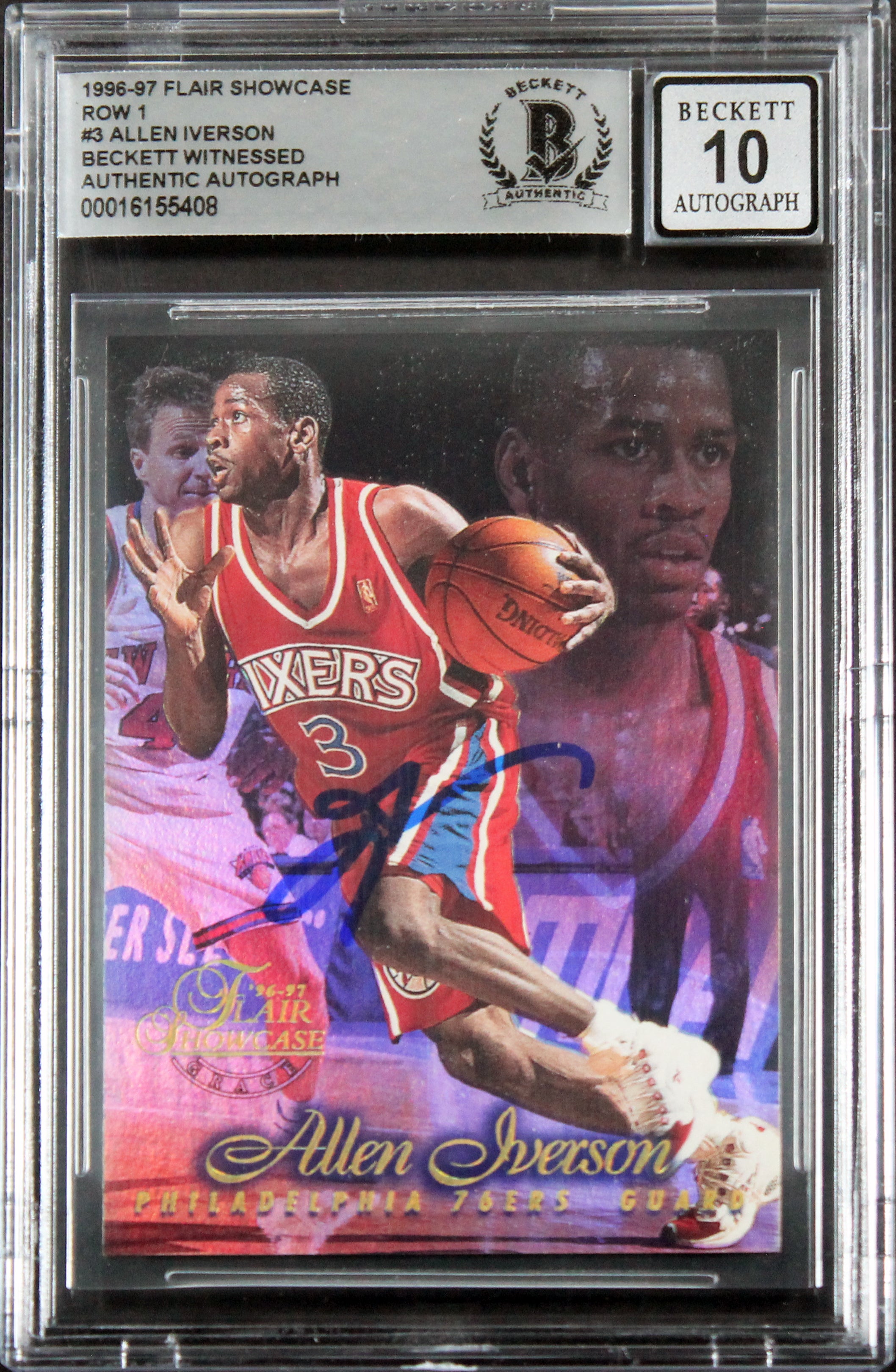 76ers Allen Iverson Signed 1996 Flair Showcase Row 1 #3 RC Card Auto 10 BAS Slab