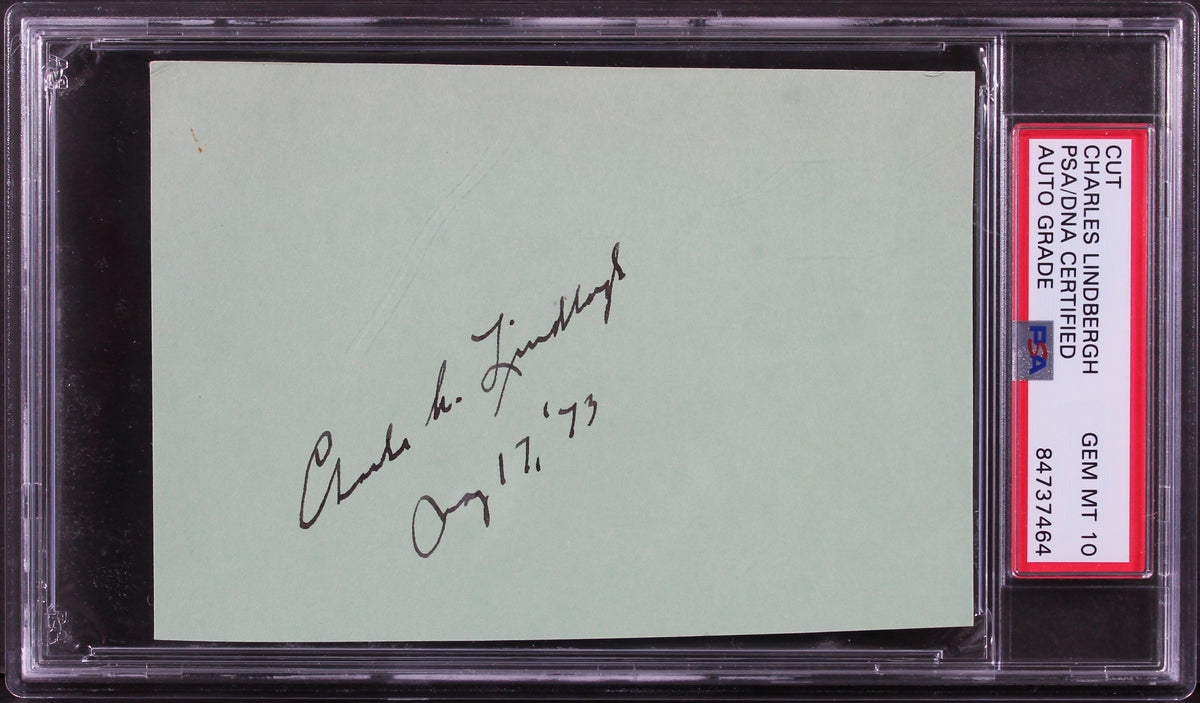 Charles Lindbergh "Aug 17, 73" Signed 3x5 Cut Signature Auto 10! PSA Slabbed