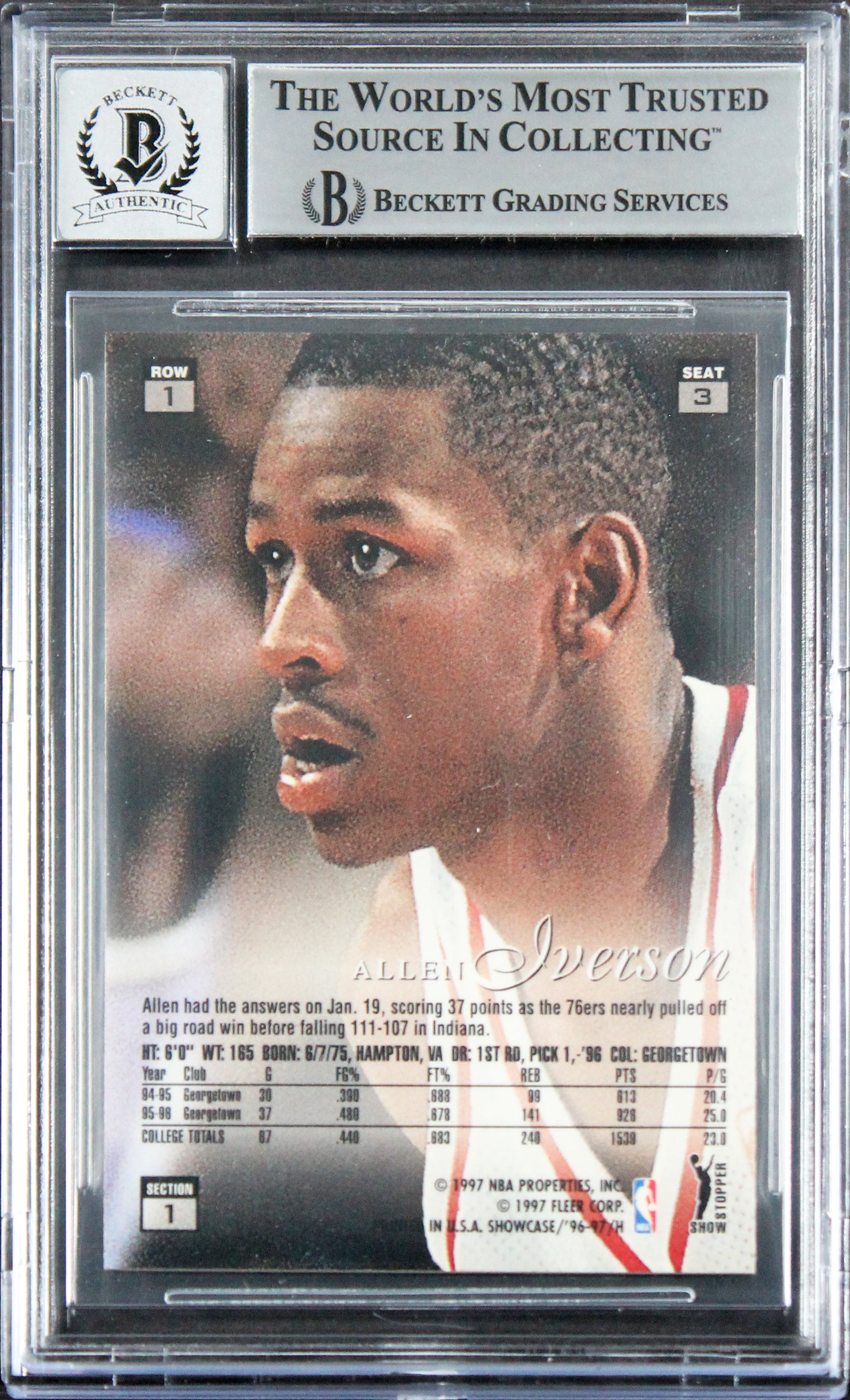 76ers Allen Iverson Signed 1996 Flair Showcase Row 1 #3 RC Card Auto 10 BAS Slab