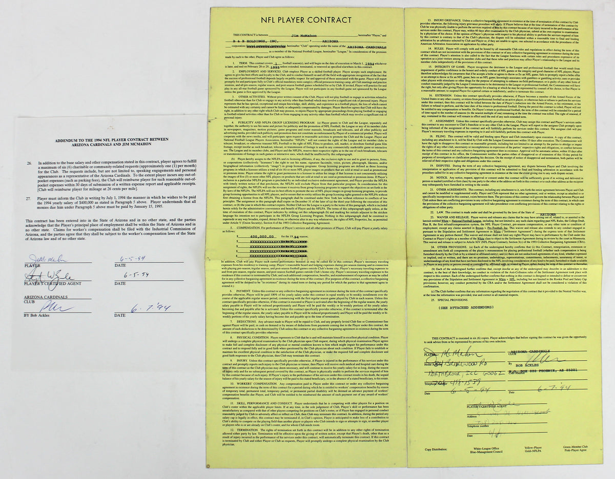 Cardinals Jim McMahon Signed 1994 NFL Player Contract w/ Envelope JSA #Z76382