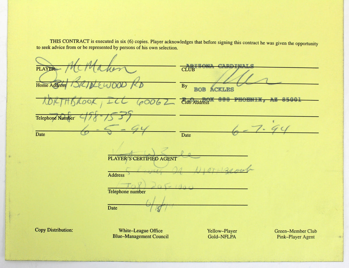 Cardinals Jim McMahon Signed 1994 NFL Player Contract w/ Envelope JSA #Z76382